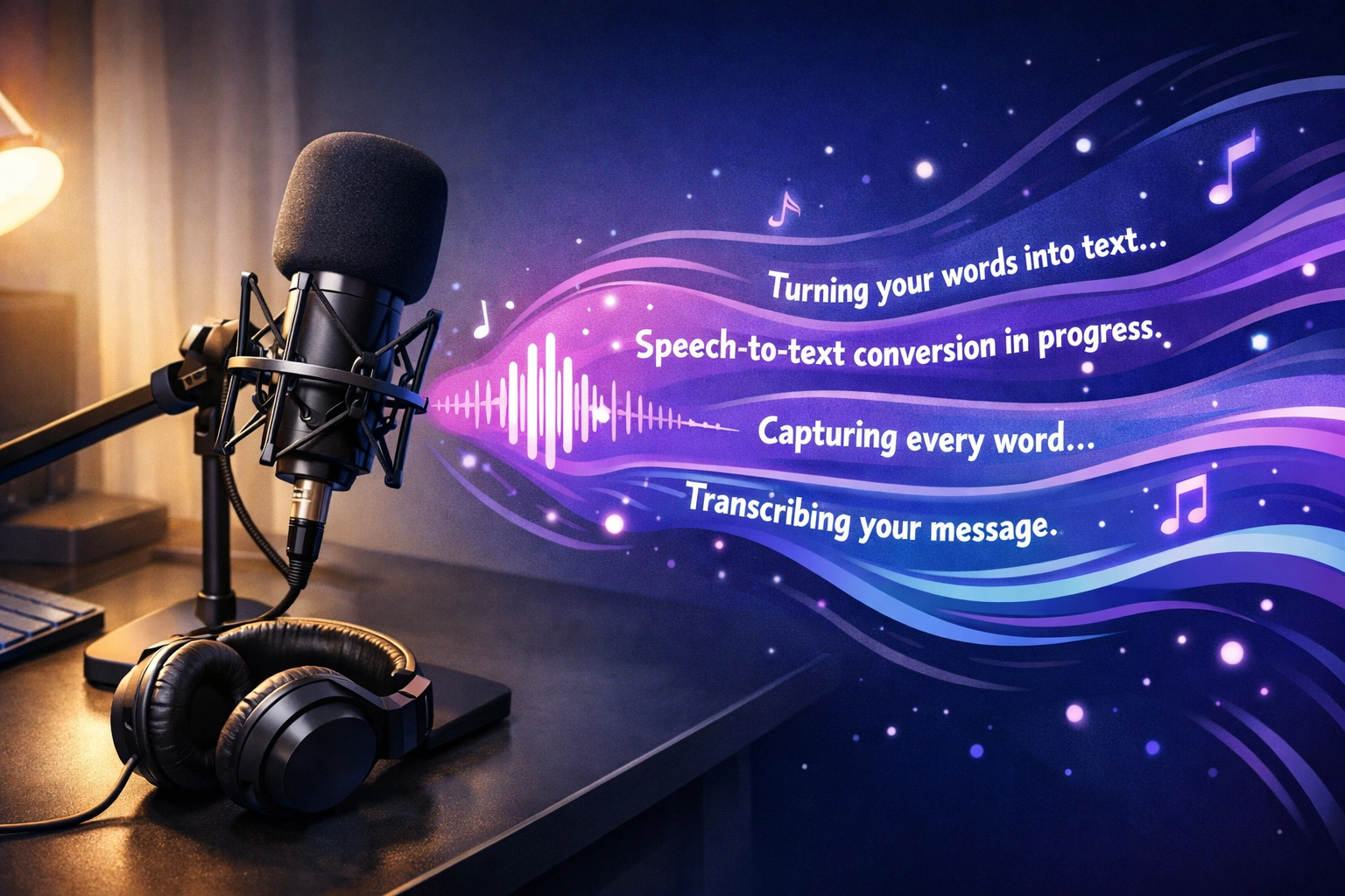 Professional microphone with soundwaves converting to text illustrating speech-to-text technology for SMEs