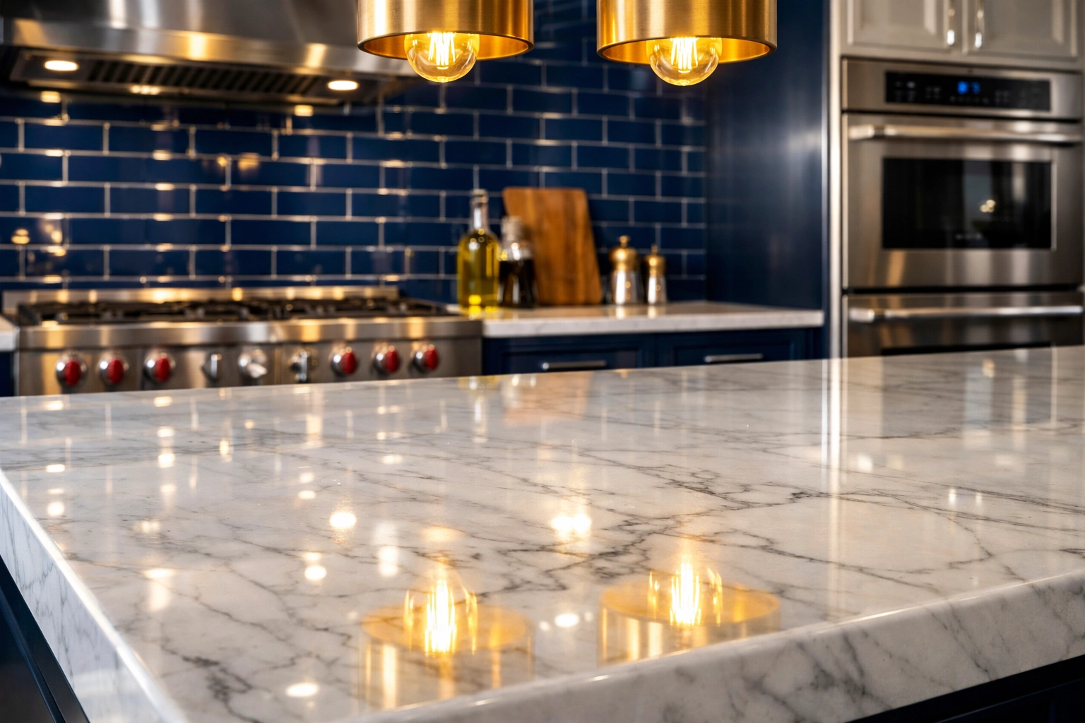 Deep cleaning vs regular cleaning costs for a sparkling luxury kitchen with a marble island.