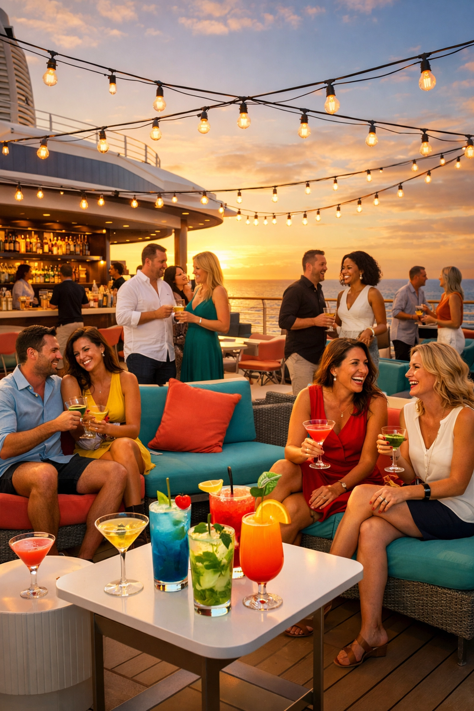 Solo travelers socializing at adults-only cruise ship bar with ocean views