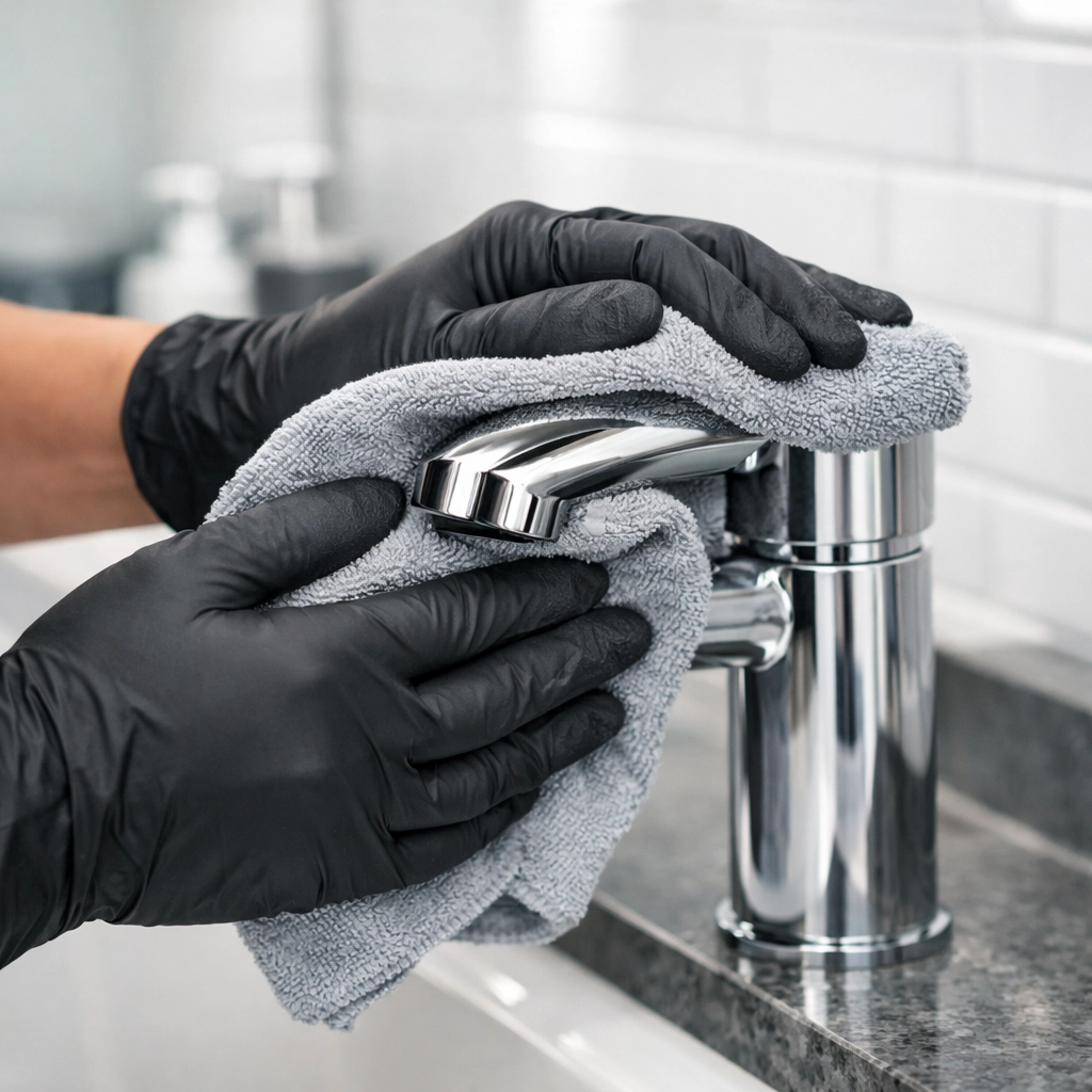 Professional janitorial provider polishing a stainless steel fixture in a luxury corporate restroom.