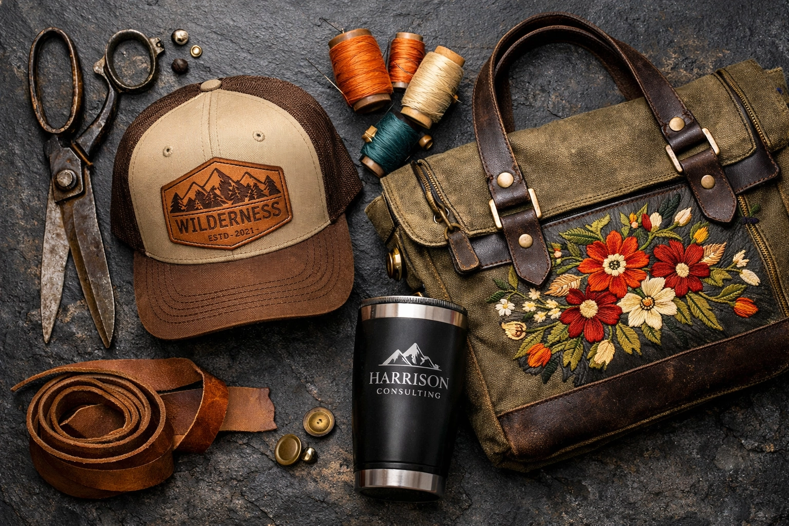 Custom embroidered hats and bags displayed as premium personalized corporate gifts.
