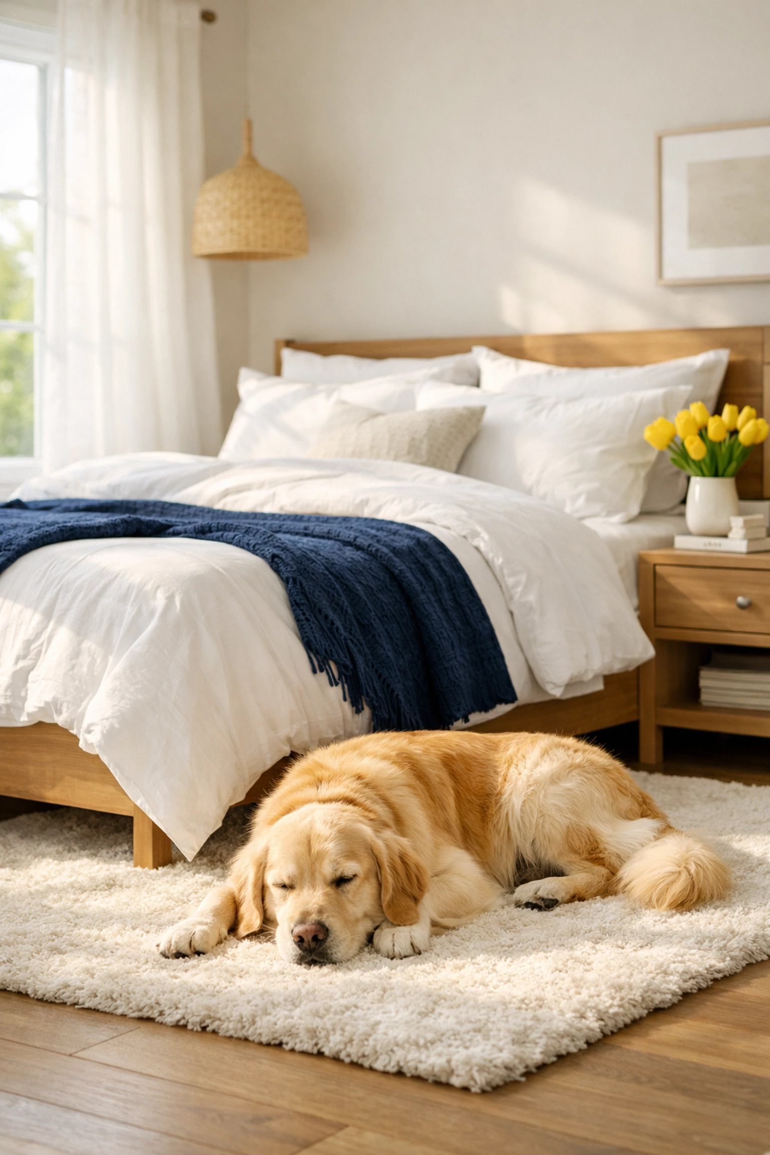 A healthy, pet-safe Westford bedroom with clean linens and a fresh rug, thanks to eco-friendly weekly house cleaning.