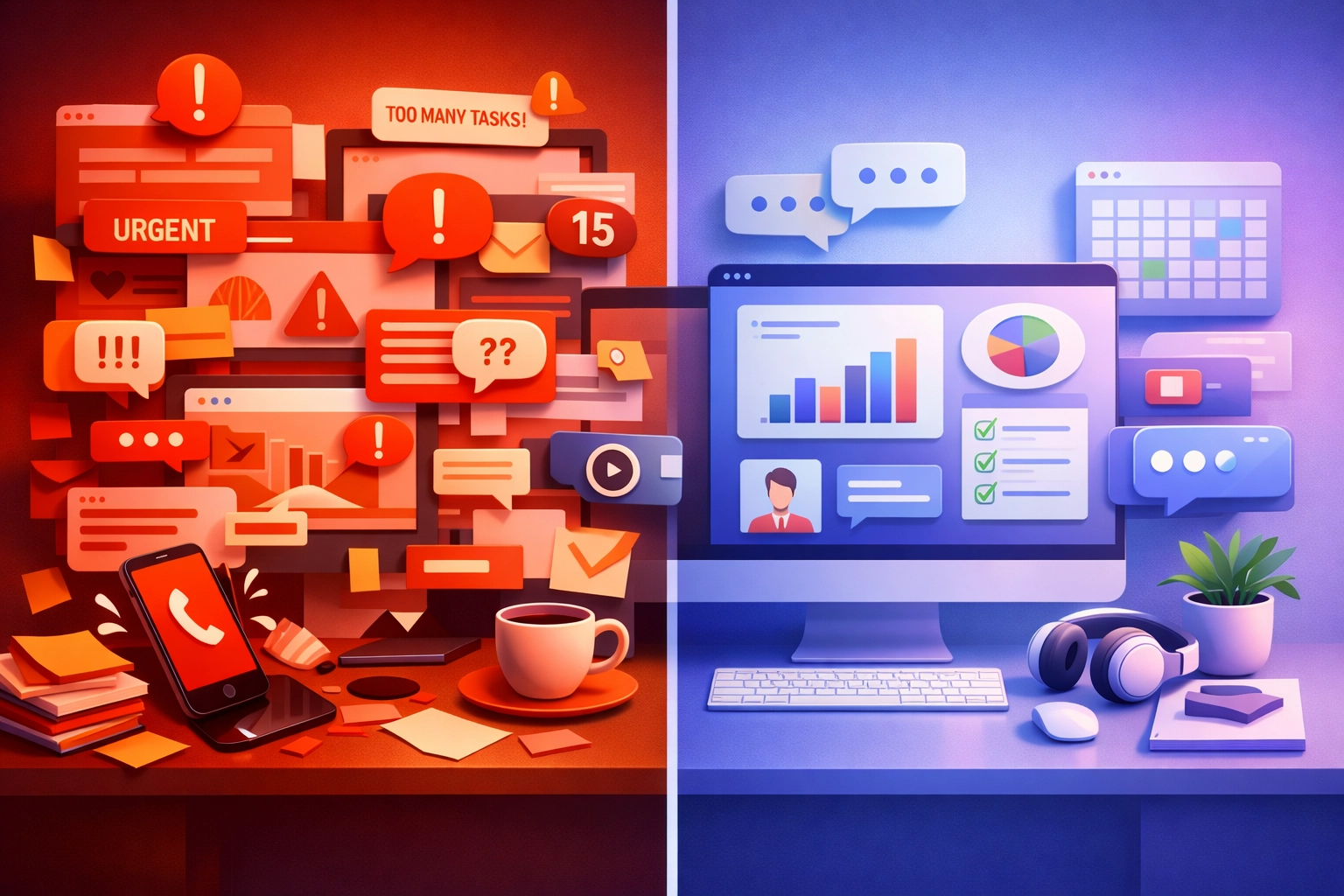 Comparison of cluttered digital workspace versus organized accessible interface for neurodivergent workers