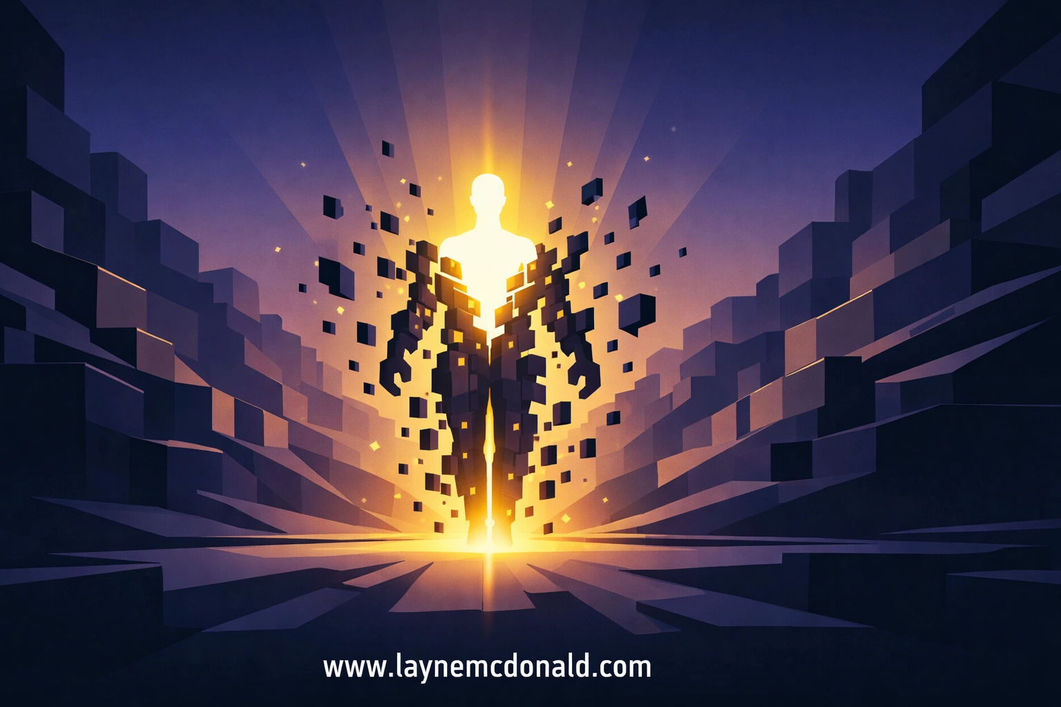 A glowing figure shedding blocky armor representing redemption and grace in the Minecraft Movie.