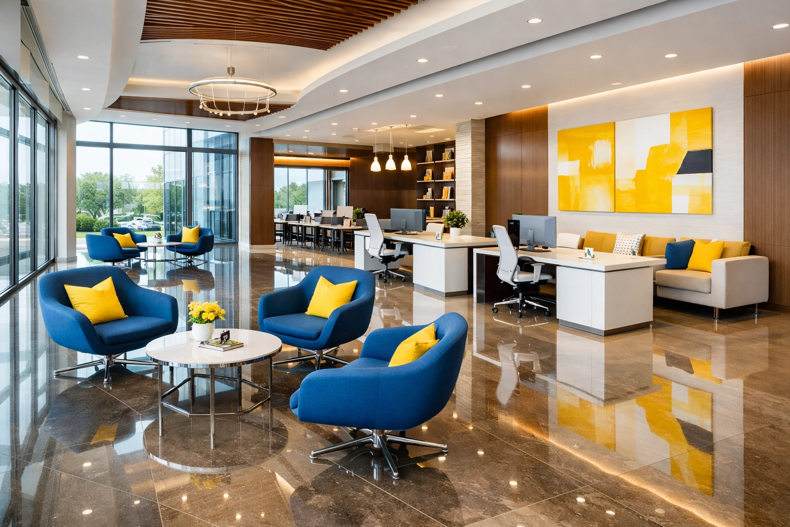 A spotless corporate office lobby in Walpole featuring polished floors and organized workstations.