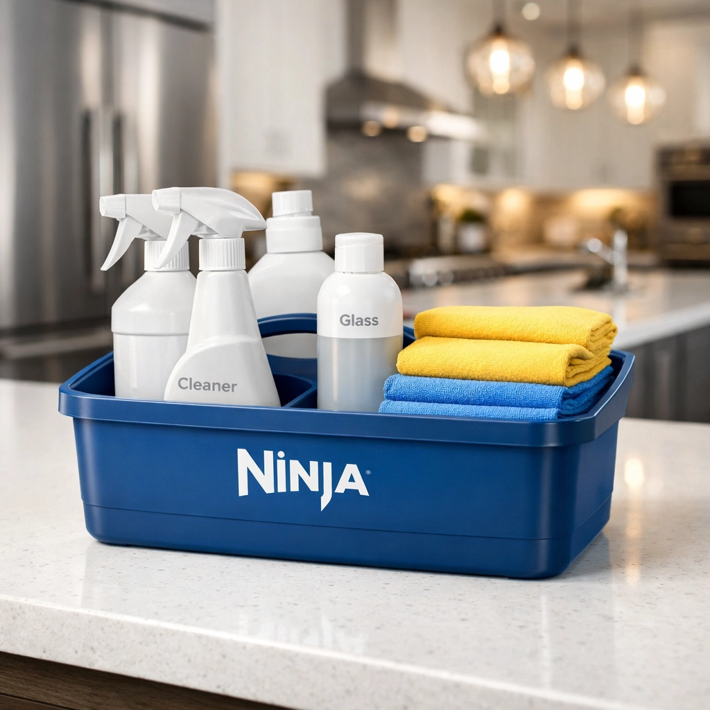 Eco-friendly professional cleaning supplies from The Cleaning Ninjas Inc in a modern, high-end Brookline kitchen.