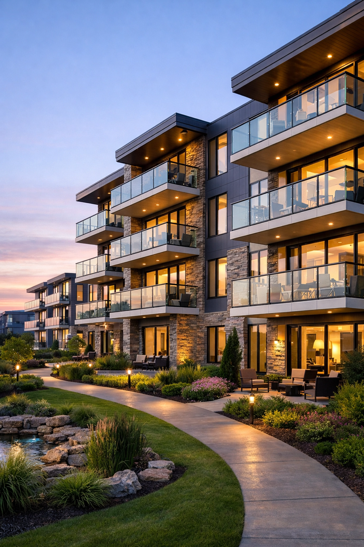 Exterior of a modern multifamily residential complex highlighting property management standards in the Midwest.