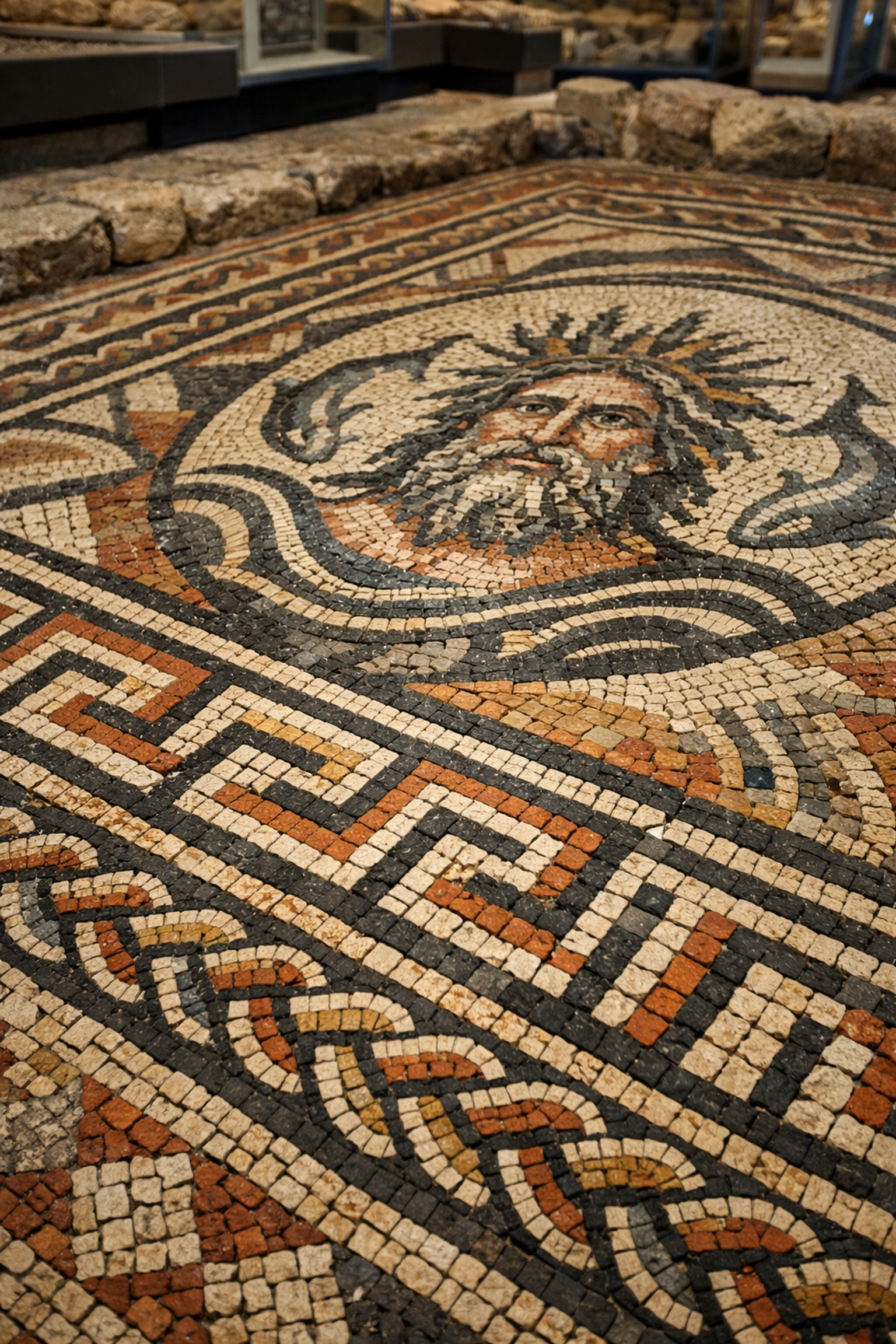 Ancient Roman mosaic floor with intricate stone patterns at the Corinium Museum in Cirencester.