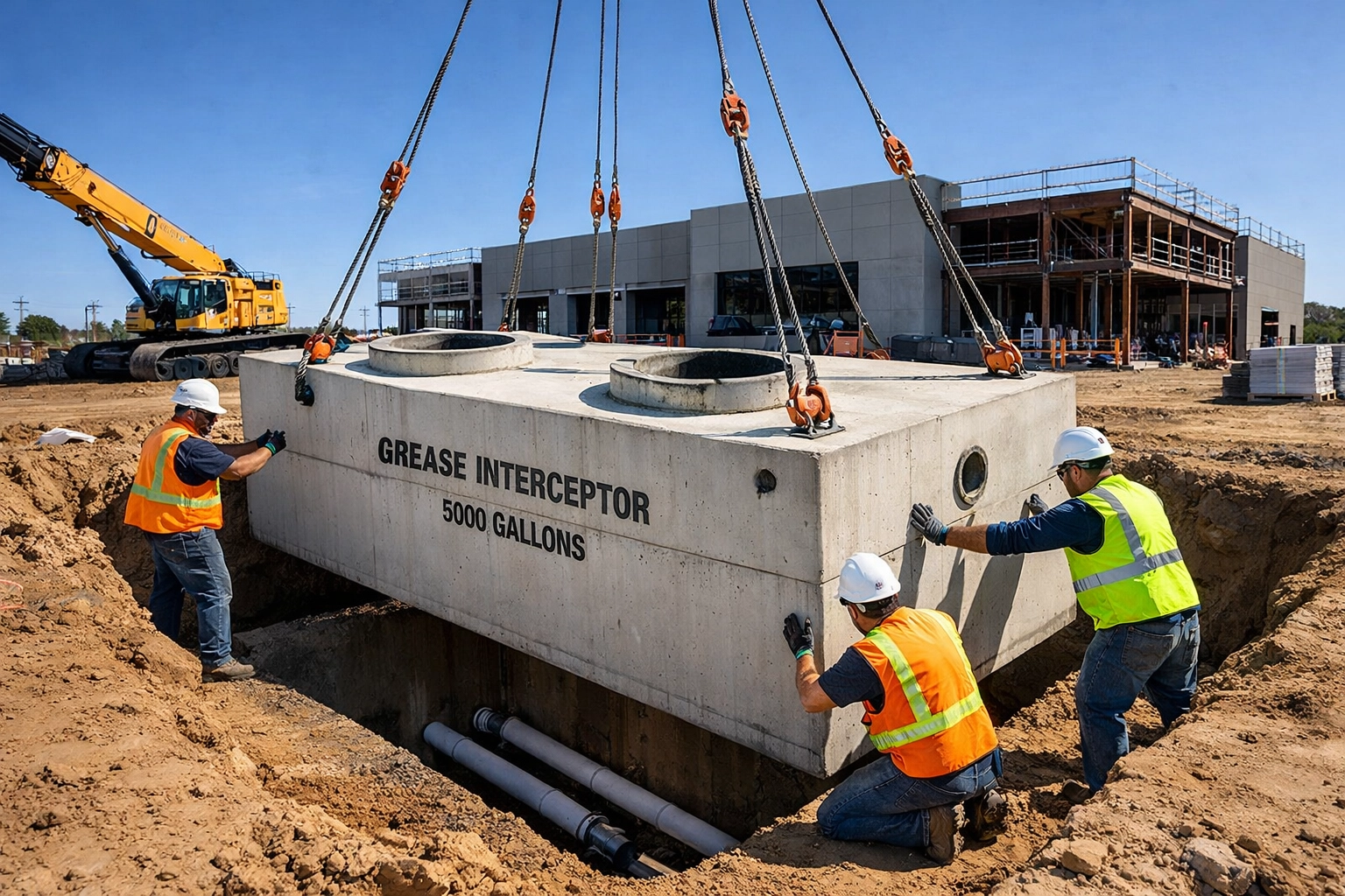 Professional installation of a large concrete grease interceptor at a commercial construction site.