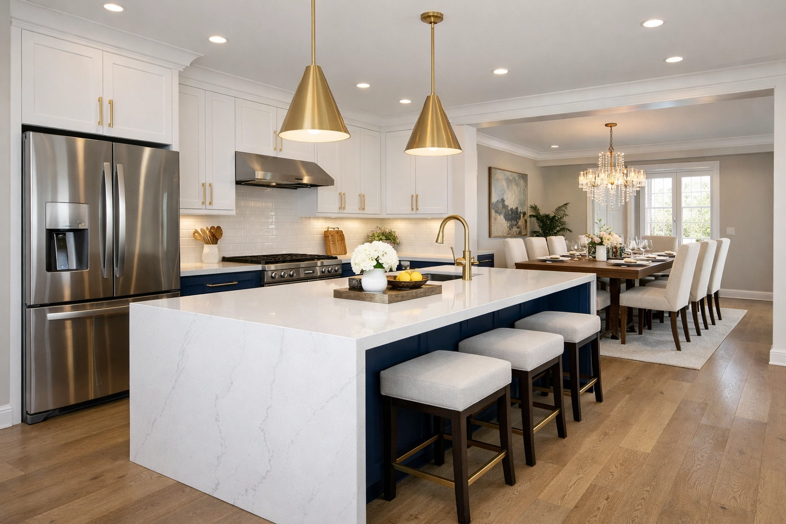 Spotless gourmet kitchen with white cabinetry and blue island after professional deep cleaning in Holliston.