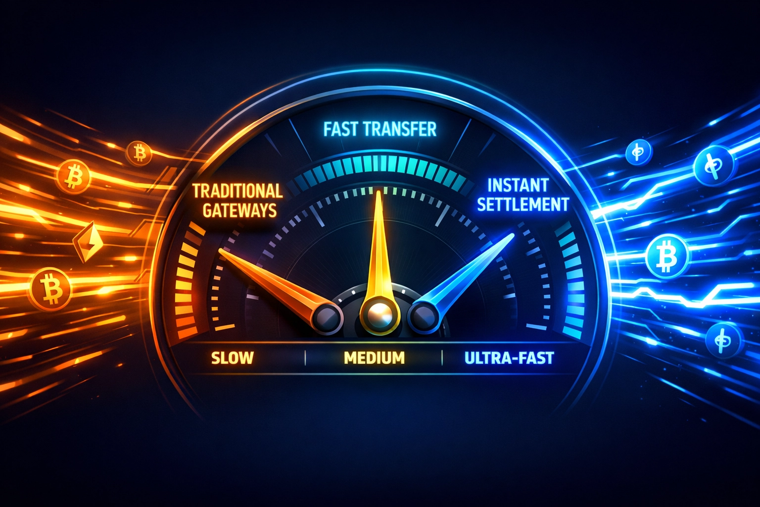 Speed comparison dashboard showing crypto settlement times vs traditional payment gateways