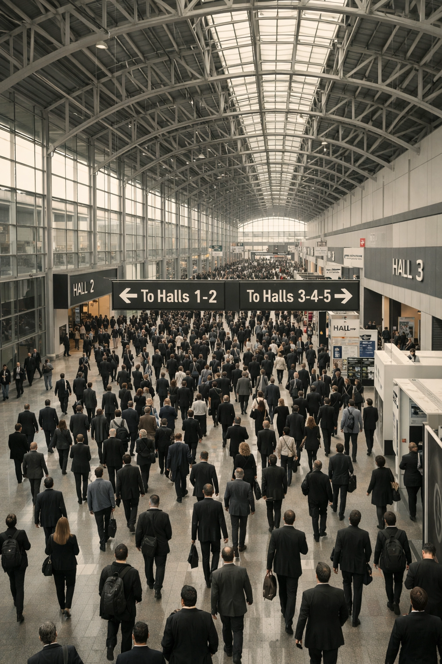 Professional crowds at the Fira Gran Via corridor during the Seoul tech innovation debut at MWC 2026.