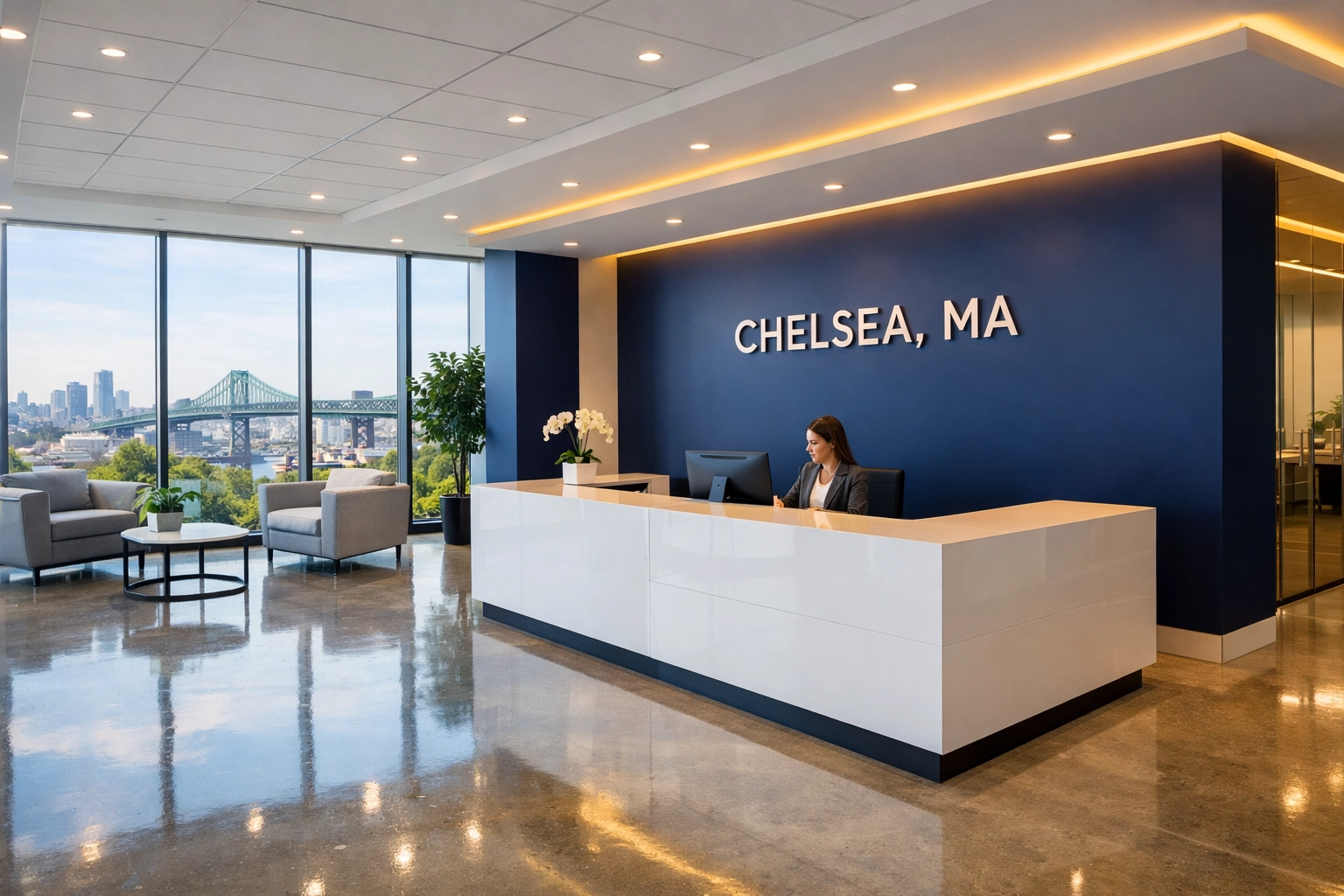 Modern office lobby in Chelsea MA with polished floors and clean reception area after commercial cleaning.