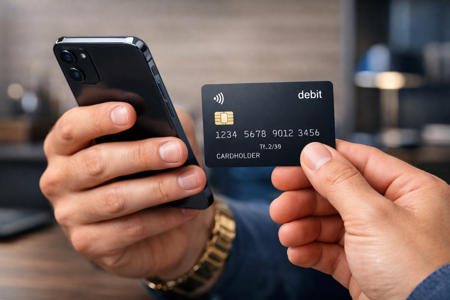 Close-up of a person holding a smartphone and bank card for an e-transfer payday loan in Alberta.