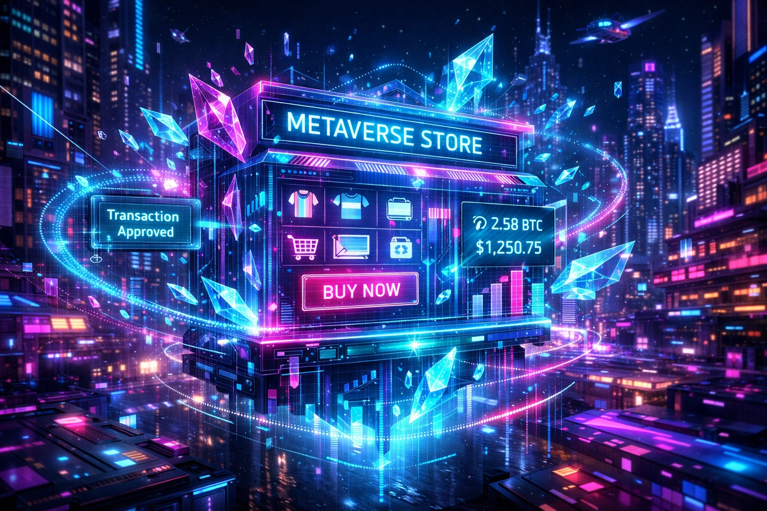 Futuristic Metaverse storefront with AI data streams for LUSD digital retail payments.