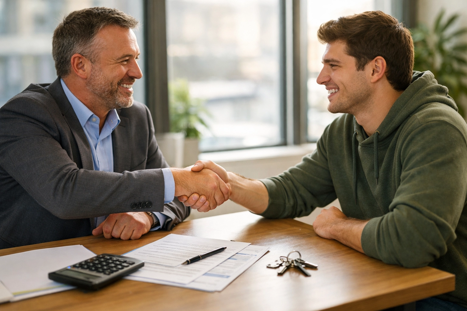 Property manager and renter shaking hands after successful apartment lease approval in DFW