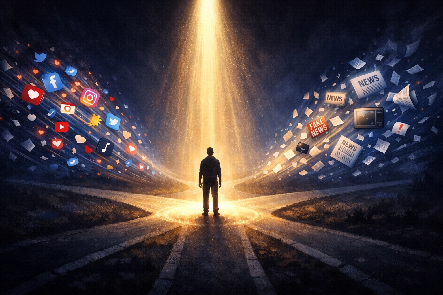 Person standing in divine light amid crossroads of social media and news chaos