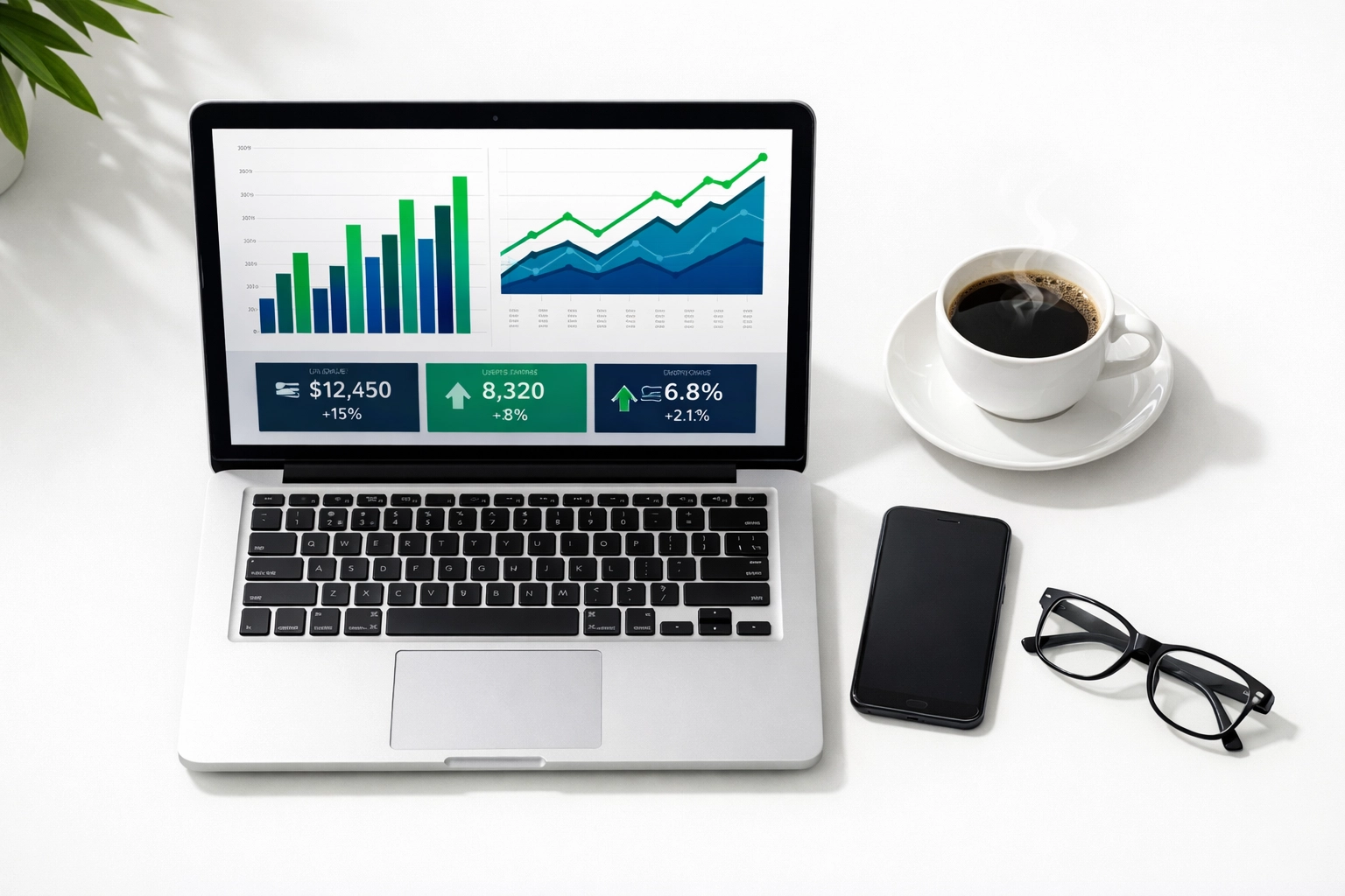 ServiceNow ROI dashboard on a laptop highlighting strategic growth and improved ITAM metrics.
