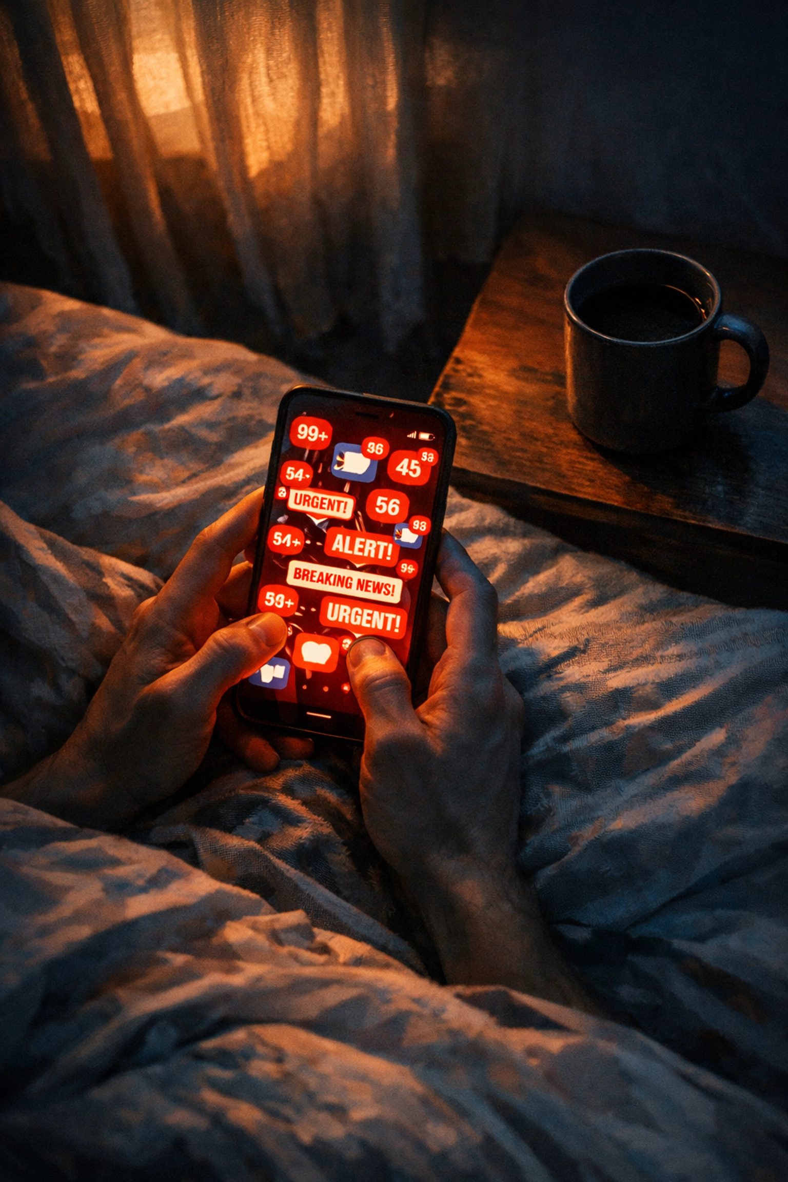 Person doomscrolling news on phone in bed with coffee ignored showing morning anxiety