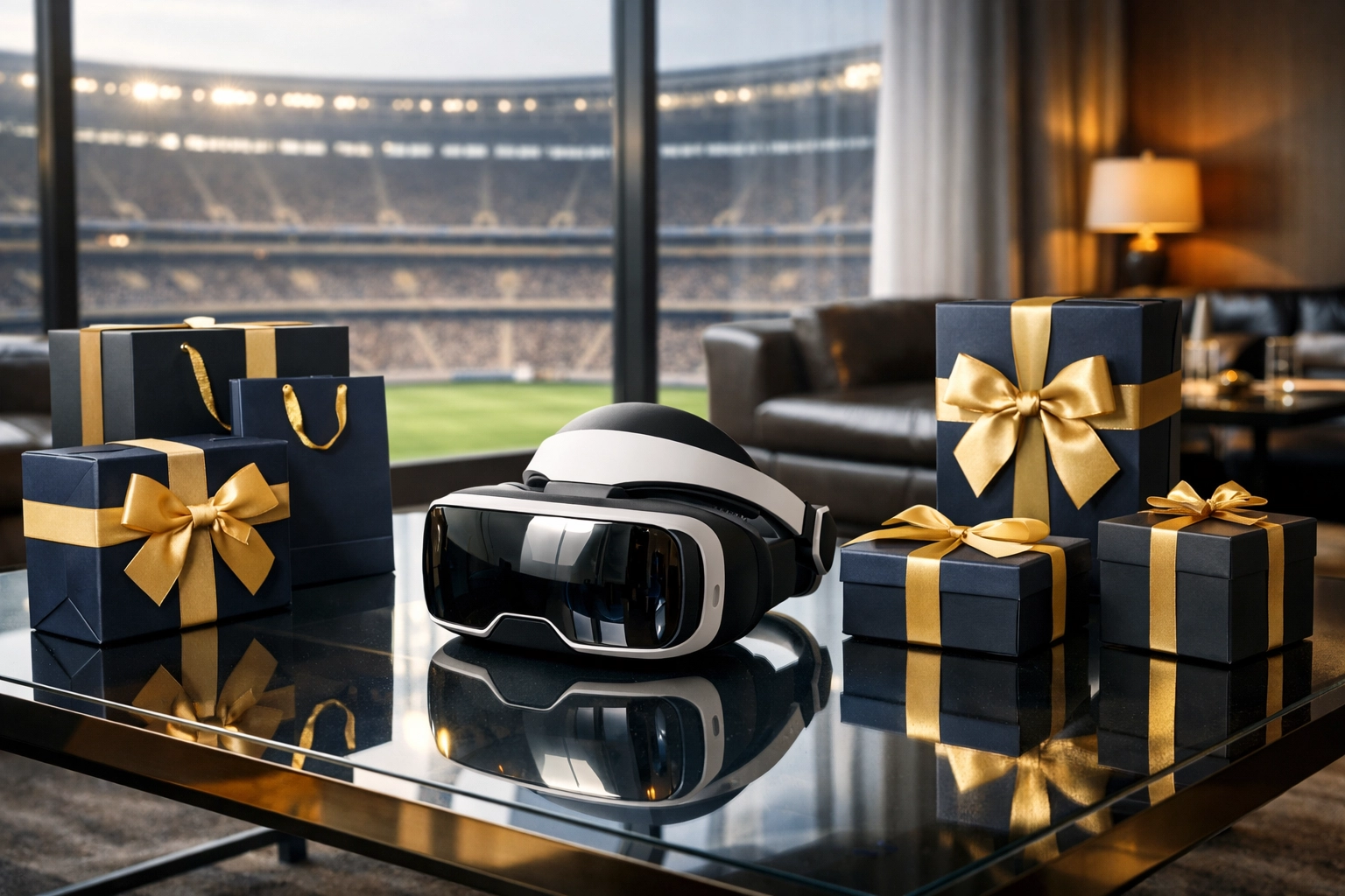 Super Bowl executive suite with VR headset and luxury branded gift packages for VIP guests