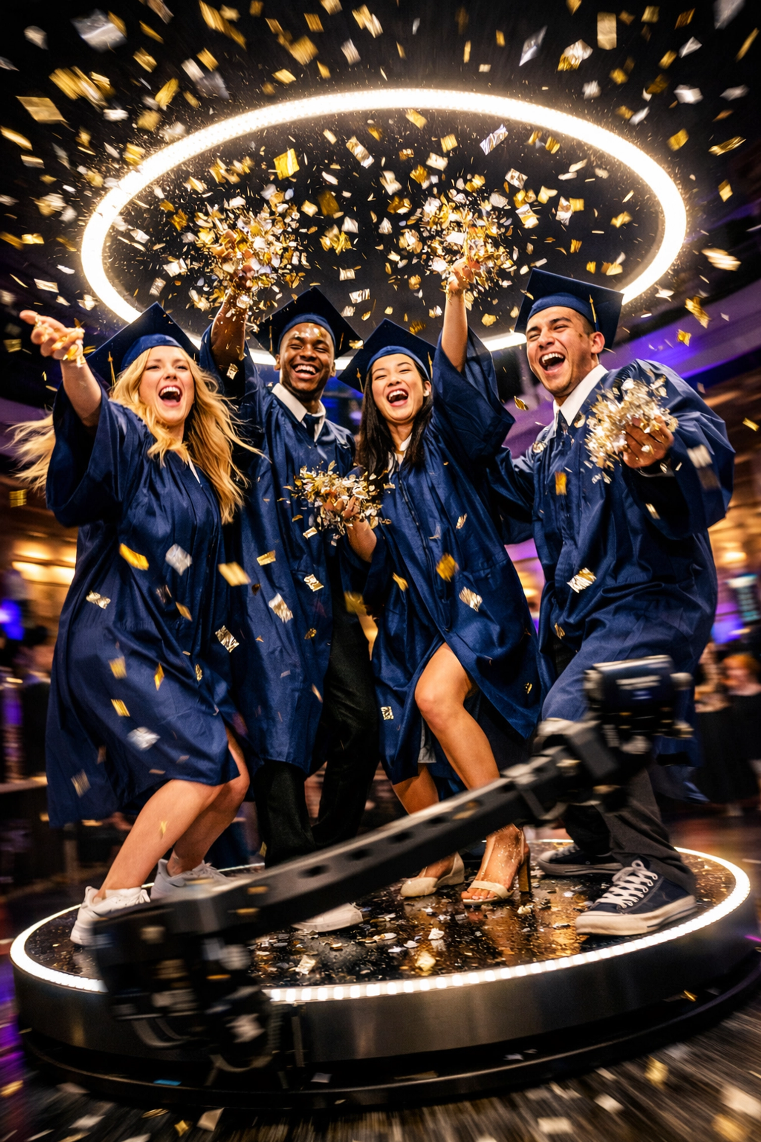 Graduates throwing confetti on a 360 camera booth platform for dynamic graduation party videos.