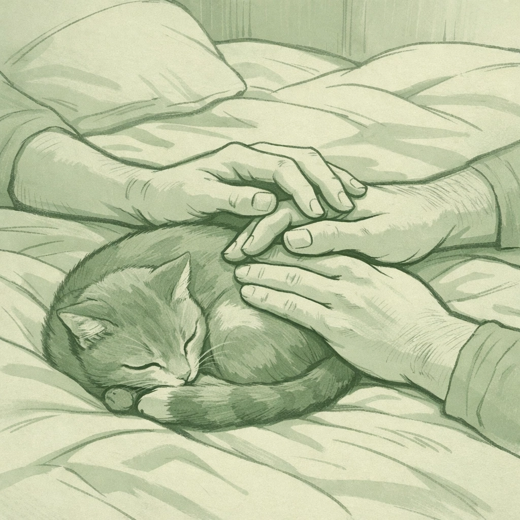 Gay couple sharing emotional support and comfort with their cat, representing unconditional acceptance