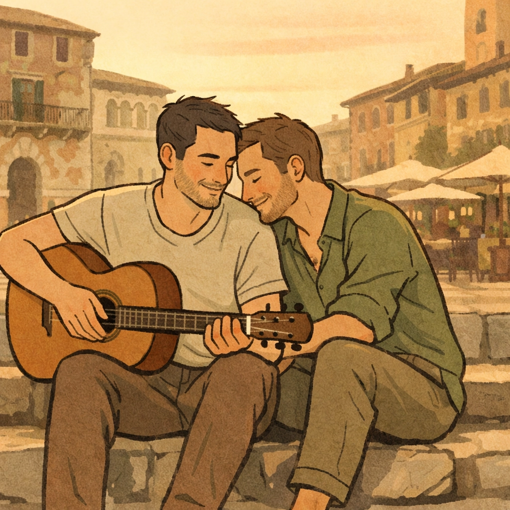Street musician and listener connect in Verona's Piazza delle Erbe - MM romance setting