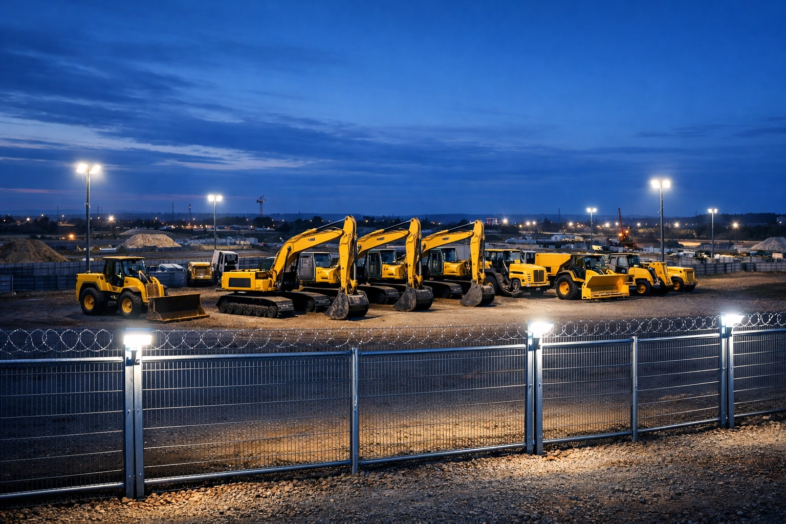 Secure construction site at night with excavators protected by professional perimeter fencing and spotlights.