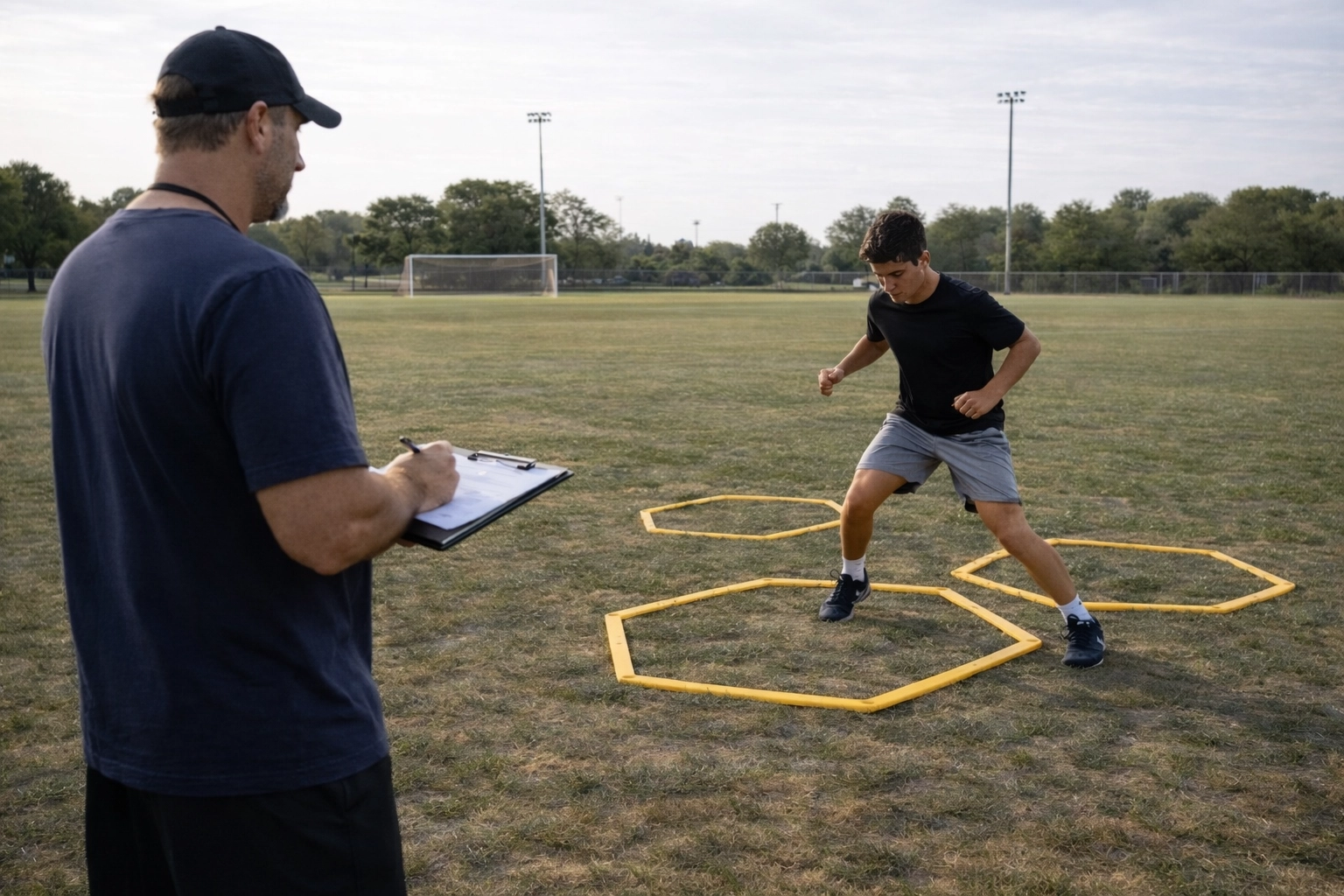 Coach observing youth athletes practicing hexagon footwork drills during team training session