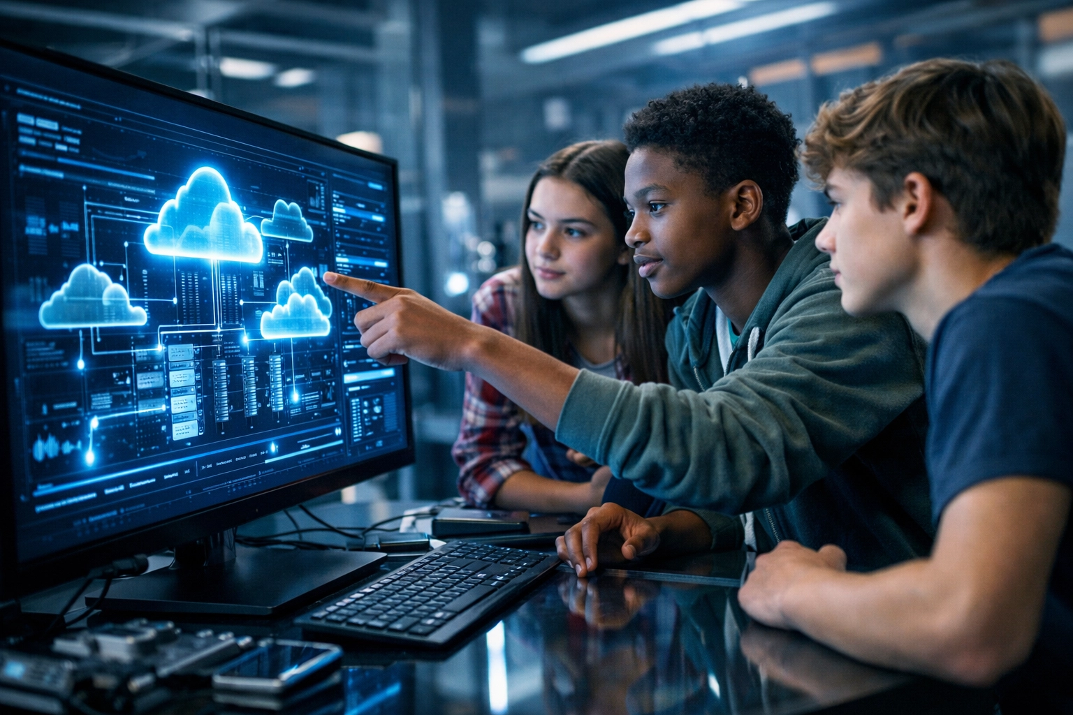 High school students analyzing cloud infrastructure diagrams in a tech lab to build a future talent pipeline.