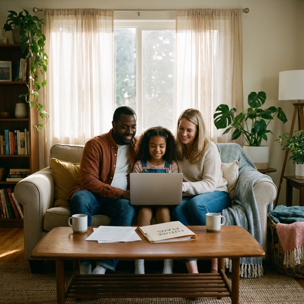 Diverse family reviewing Canadian immigration sponsorship application in a welcoming, sunlit living room