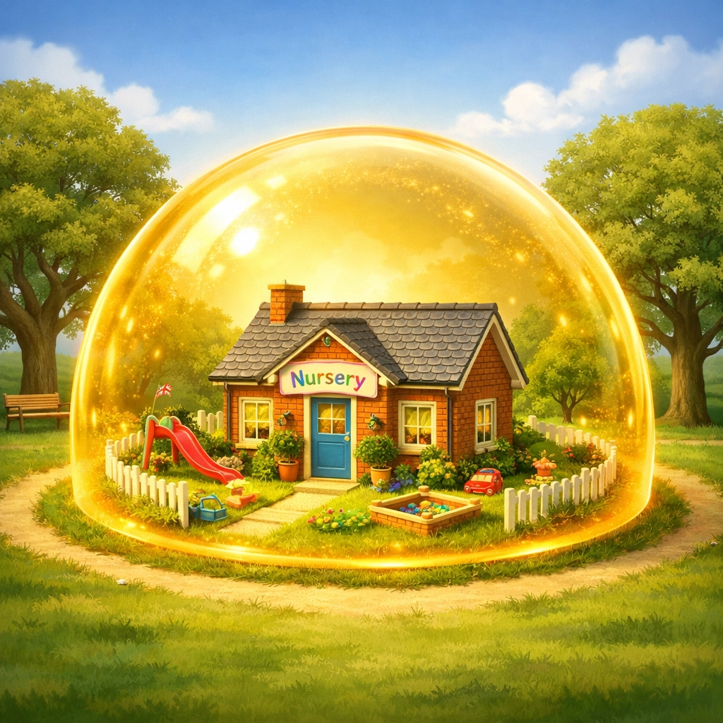 Symbolic illustration of a protected Bristol nursery building, representing peace of mind and child safety.