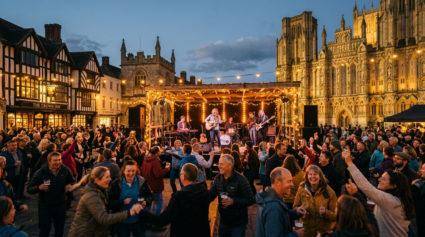 A live outdoor concert in a historic town square with a band performing under string lights for a happy crowd.