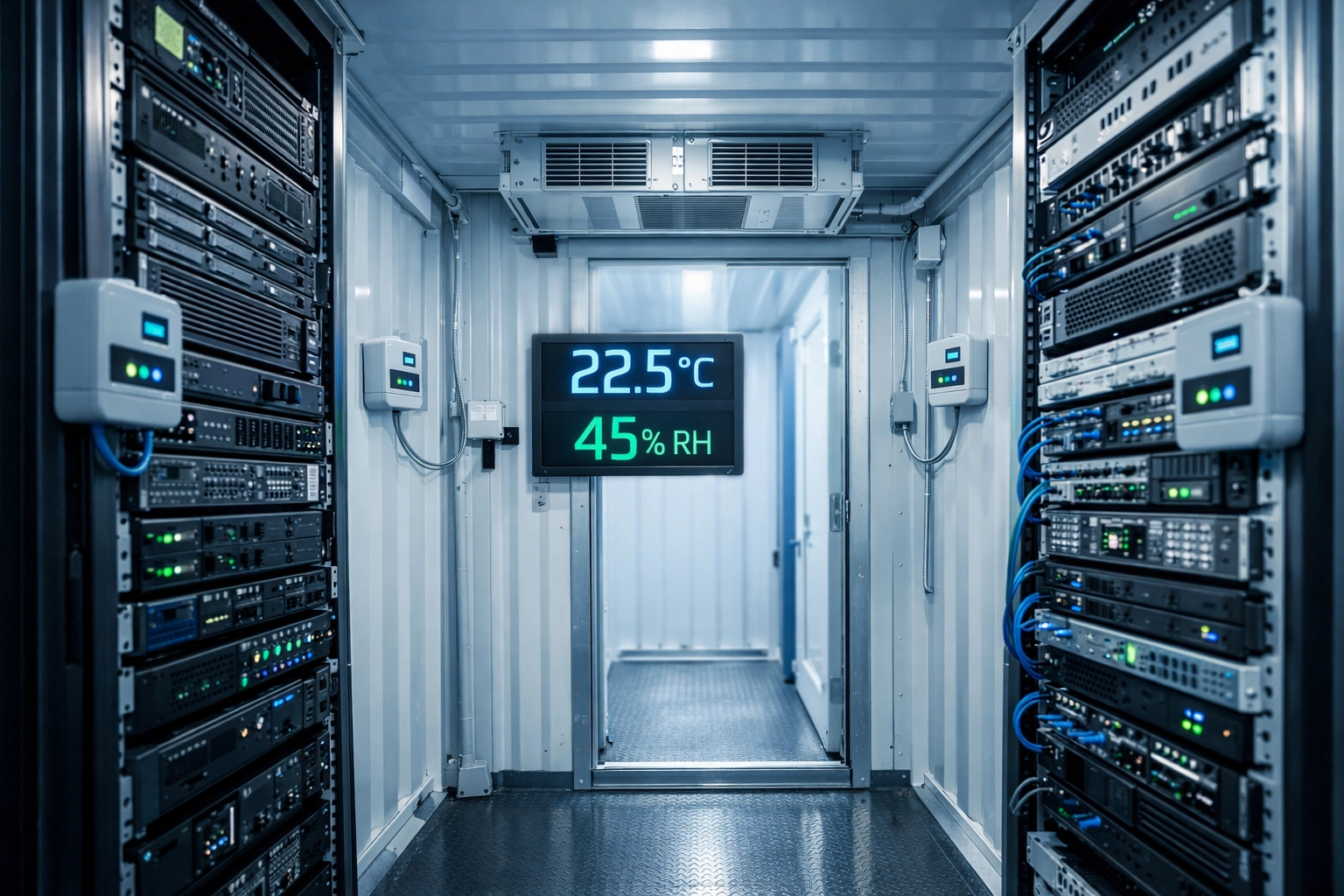 Climate-controlled container interior with telecommunications equipment and temperature monitoring