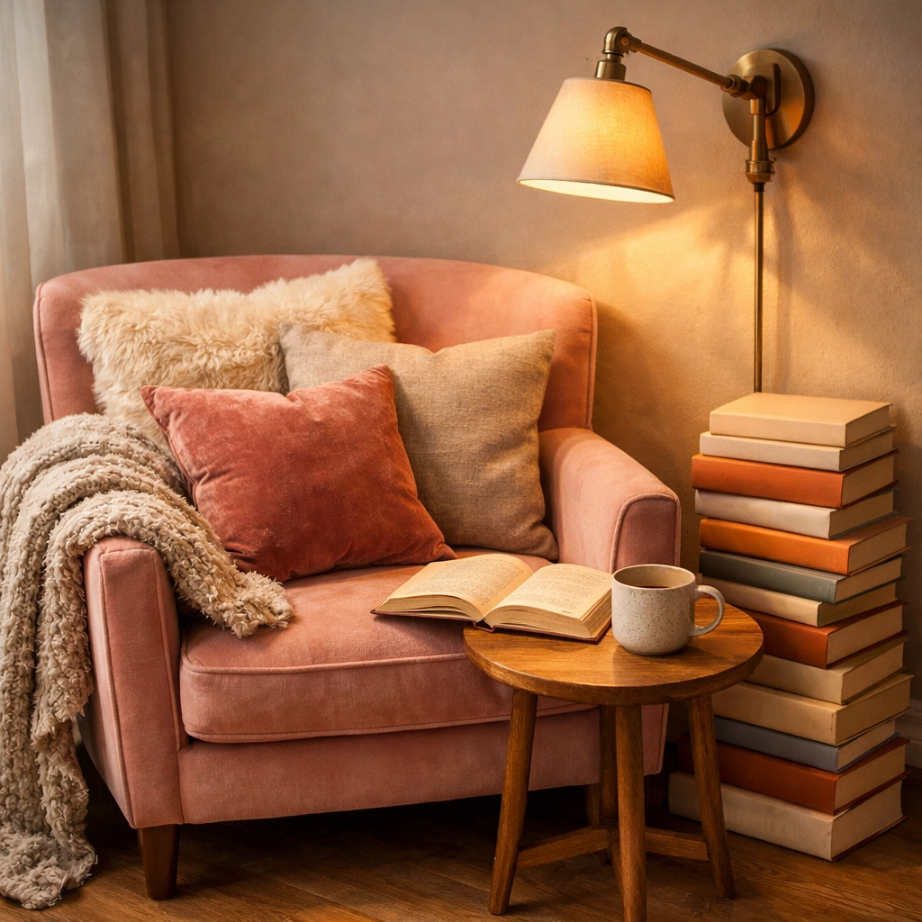 Bedroom corner reading nook with velvet armchair, throw blanket, and decorative book stack