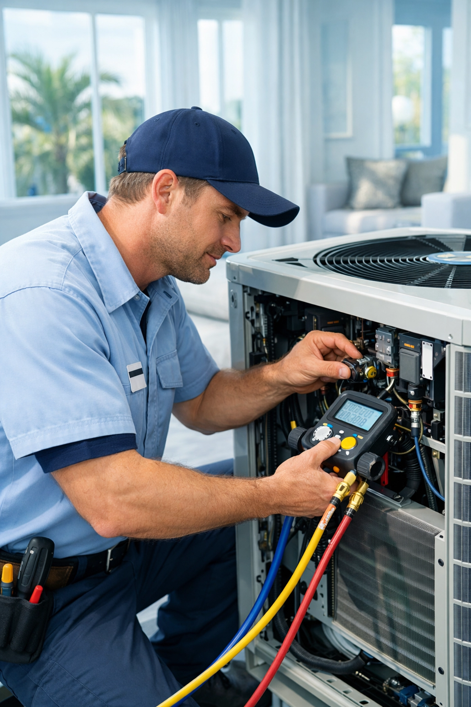 HVAC technician performing preventive maintenance on Naples rental property air conditioning system