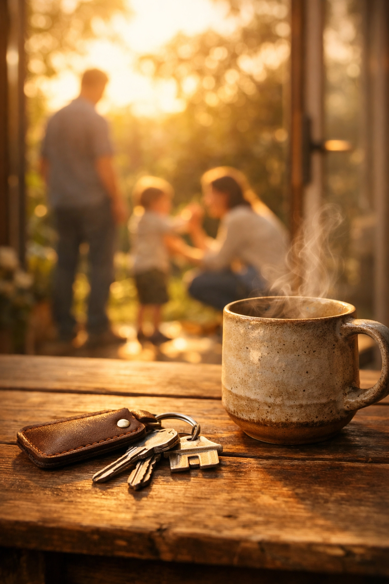 House keys and a coffee mug with a family in the background symbolising home security.