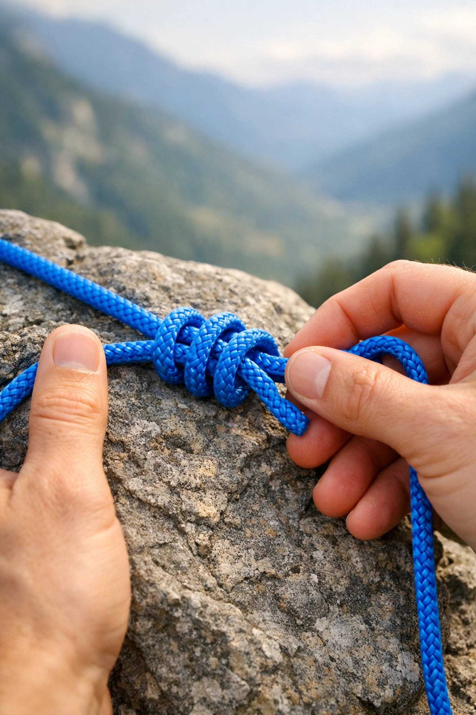 Hands demonstrating rope knot tying technique for camping adventure in UK mountains