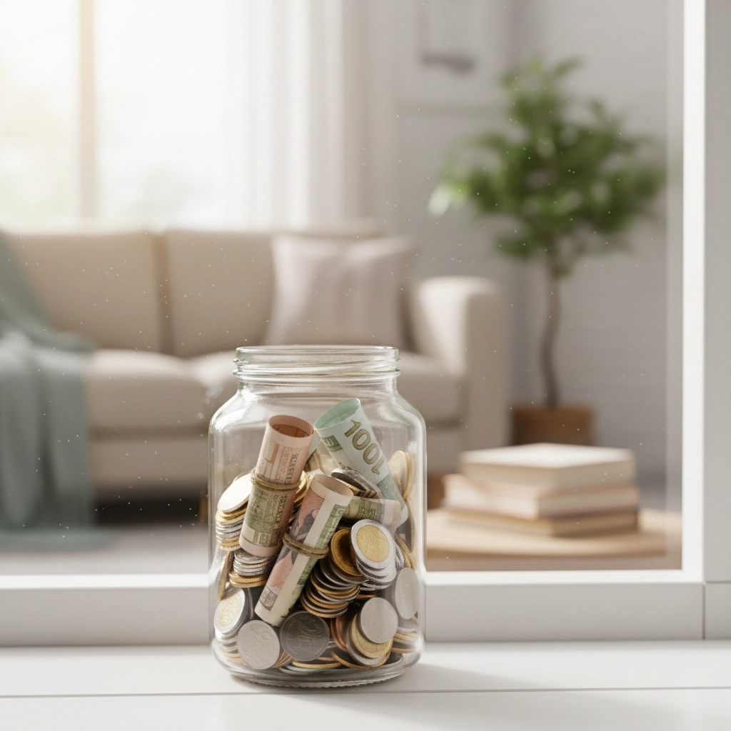 A jar filled with coins and rolled bills sits on a light table. In the background, a cozy living room with a sofa, books, and a plant.