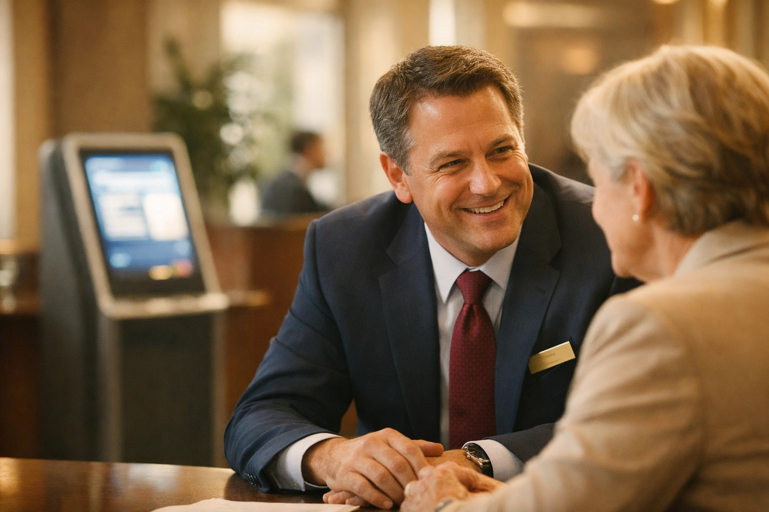 Bank manager focusing on a client conversation in a sunlit lobby, balancing AI efficiency with the human touch.