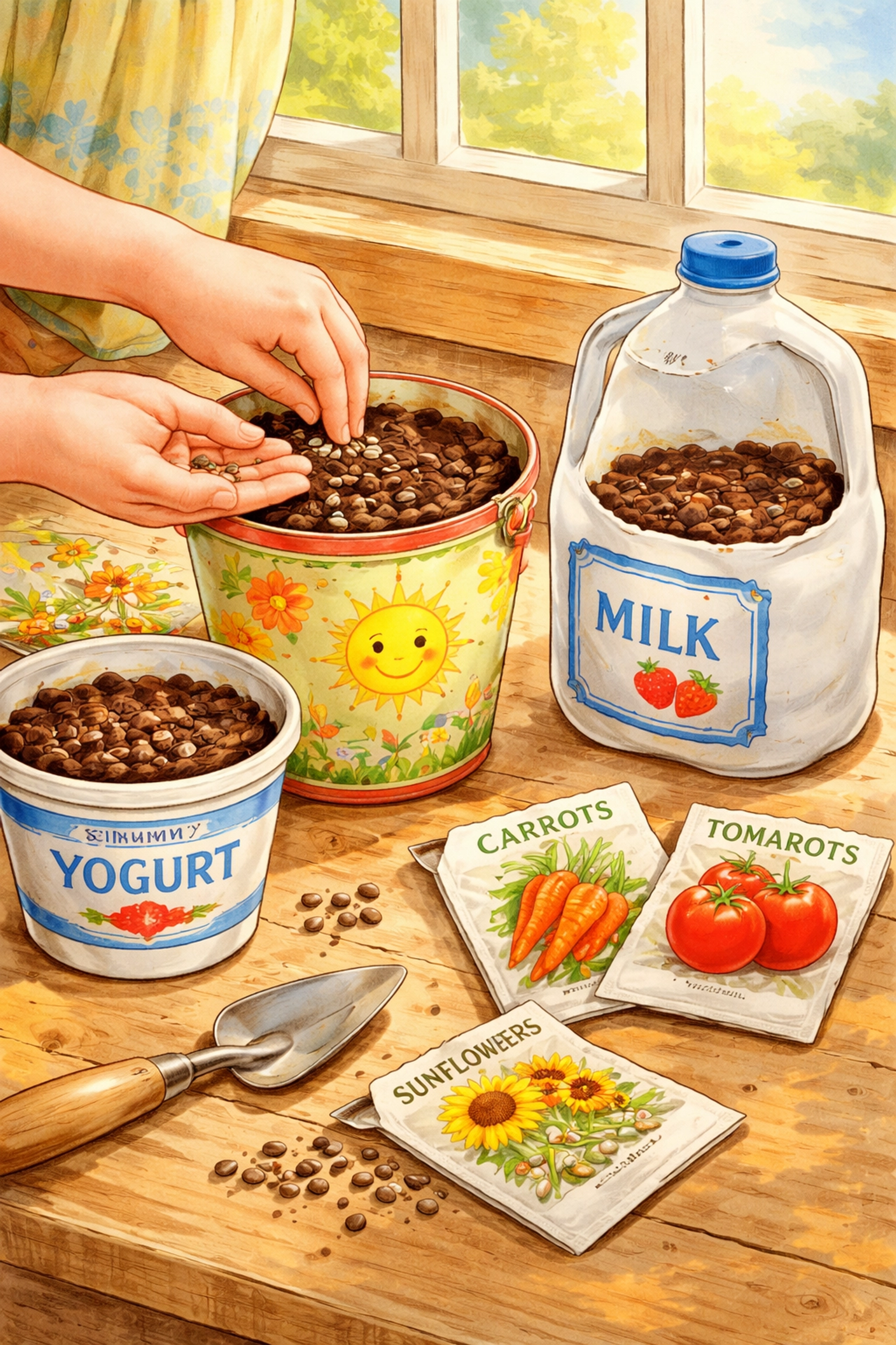 Child planting seeds in colorful recycled containers, demonstrating a budget-friendly DIY companion gardening project