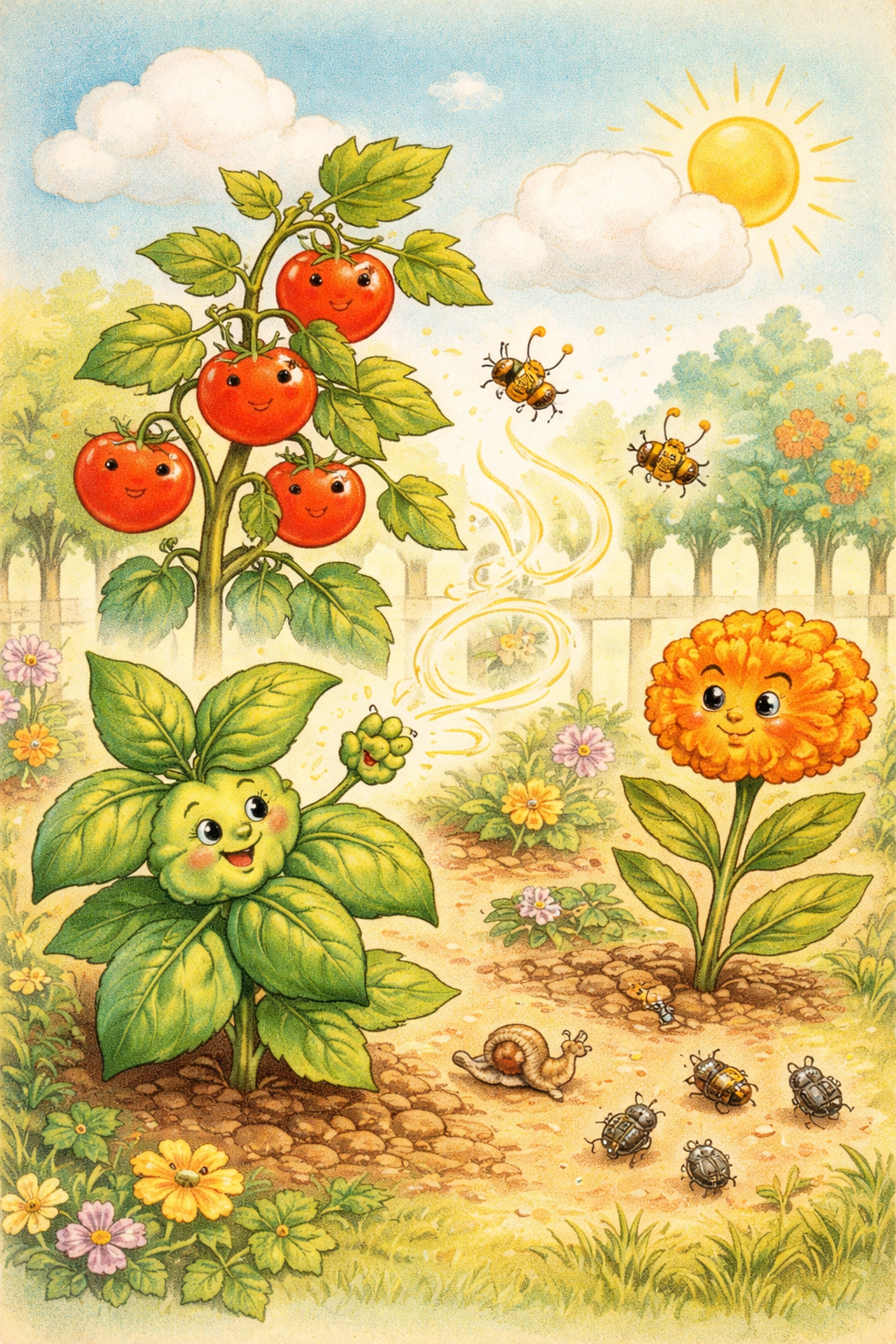 Illustration of companion plants like tomatoes, basil, and marigolds helping each other in a sunny storybook garden