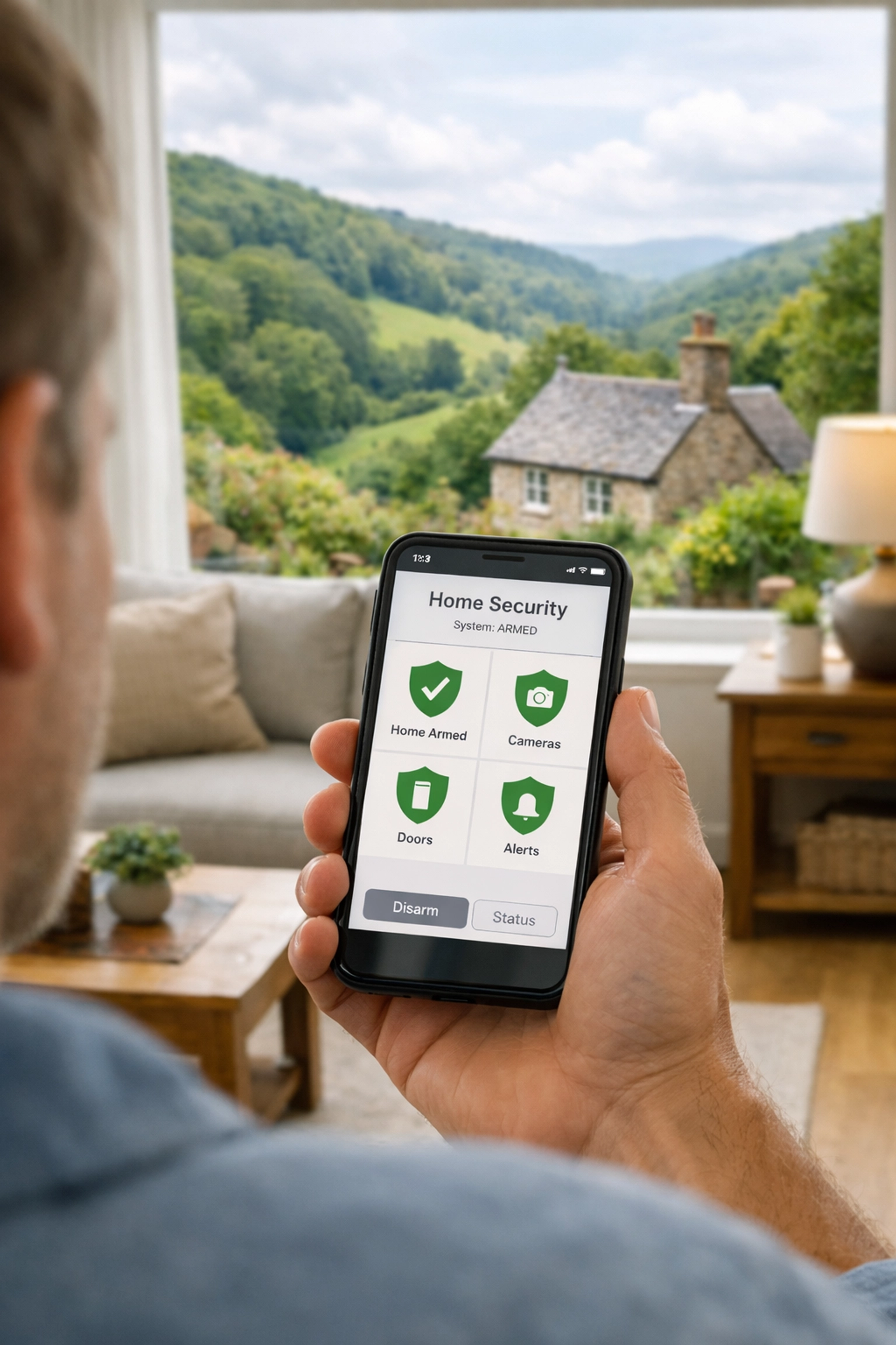 Homeowner in Chepstow using a smartphone app to monitor their integrated home security system.