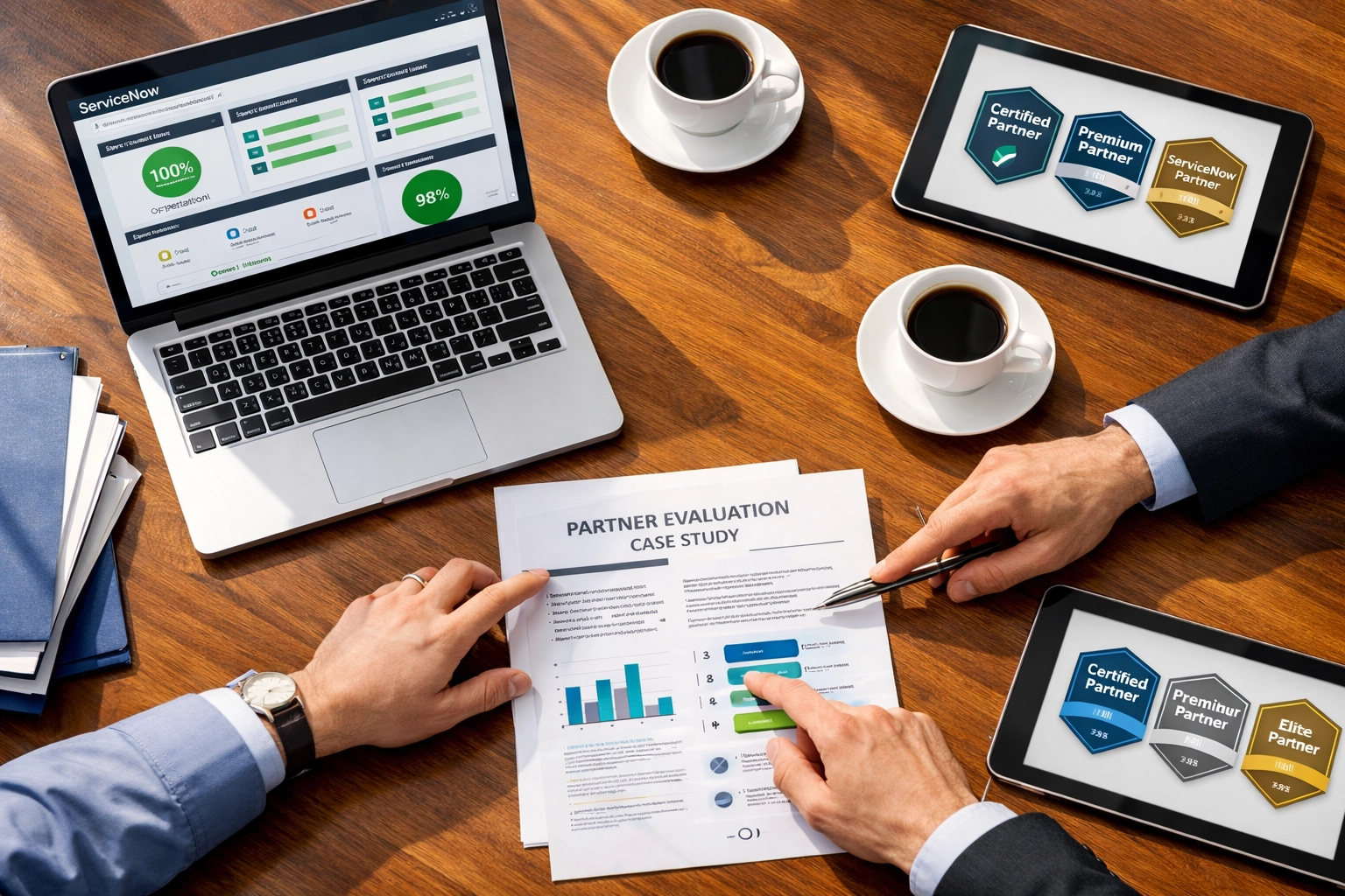 ServiceNow implementation partner evaluation meeting reviewing platform health dashboards