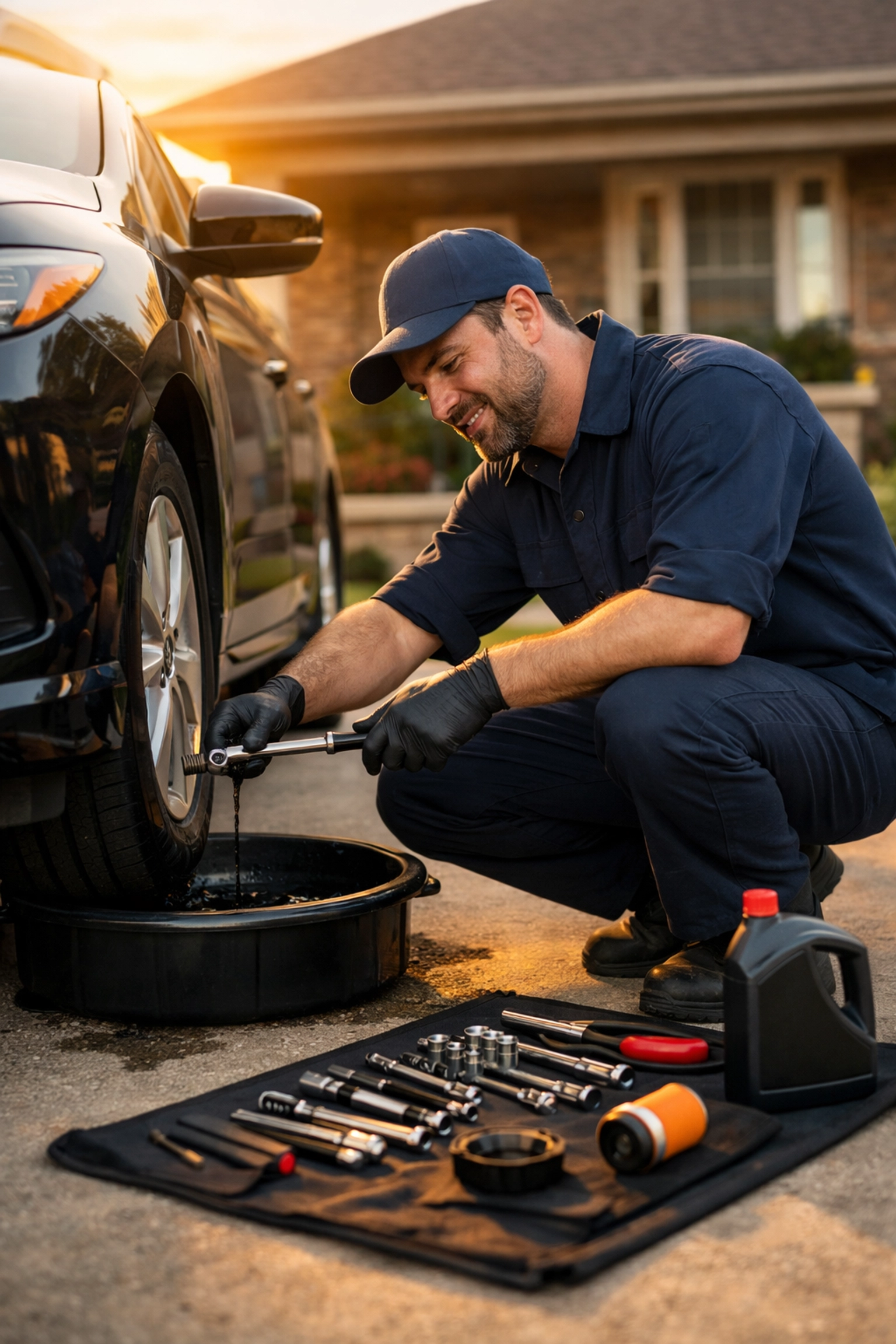 Mobile mechanic performing oil change in residential driveway