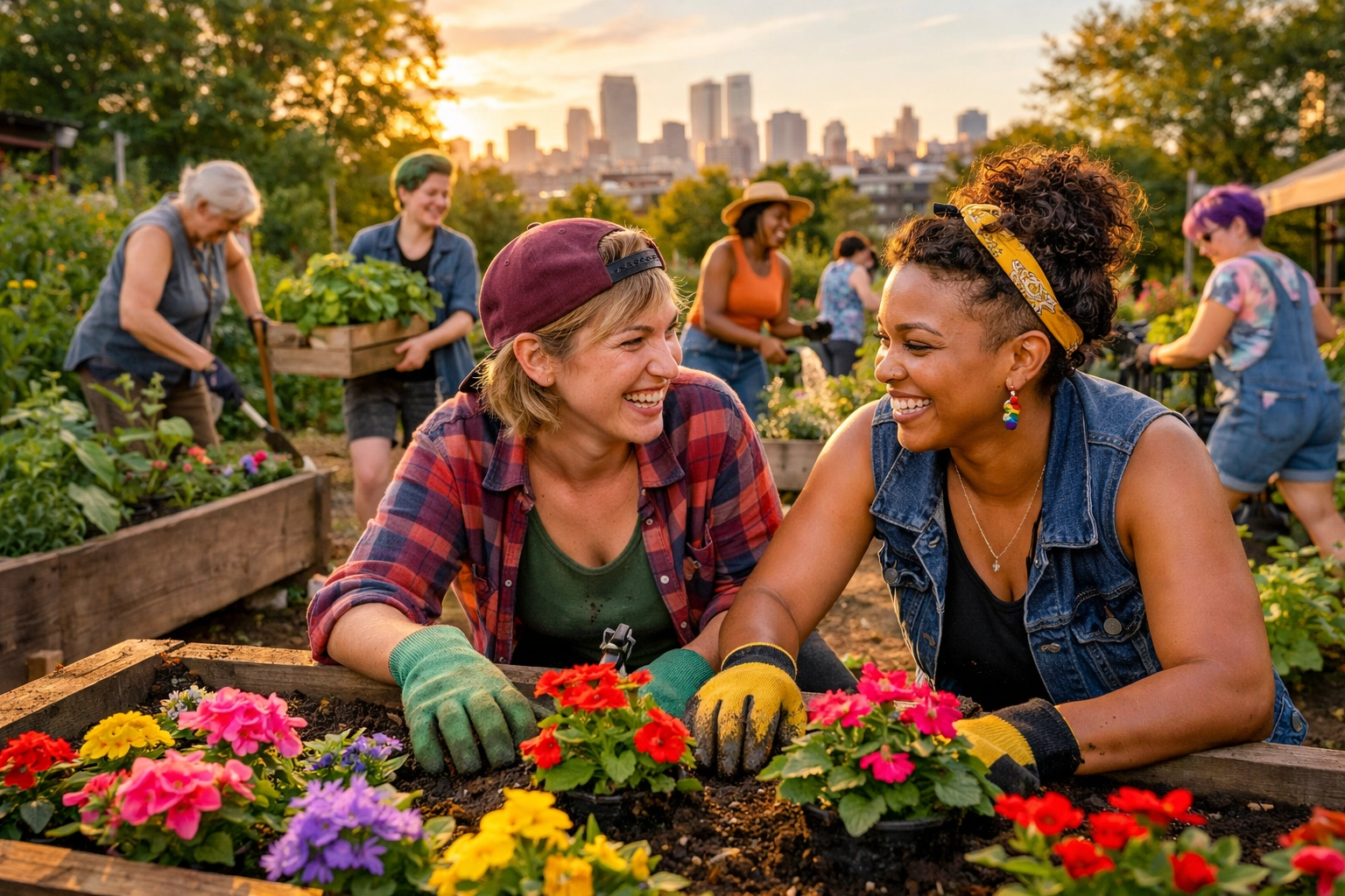 Diverse queer community members building grassroots connections in a vibrant urban garden.