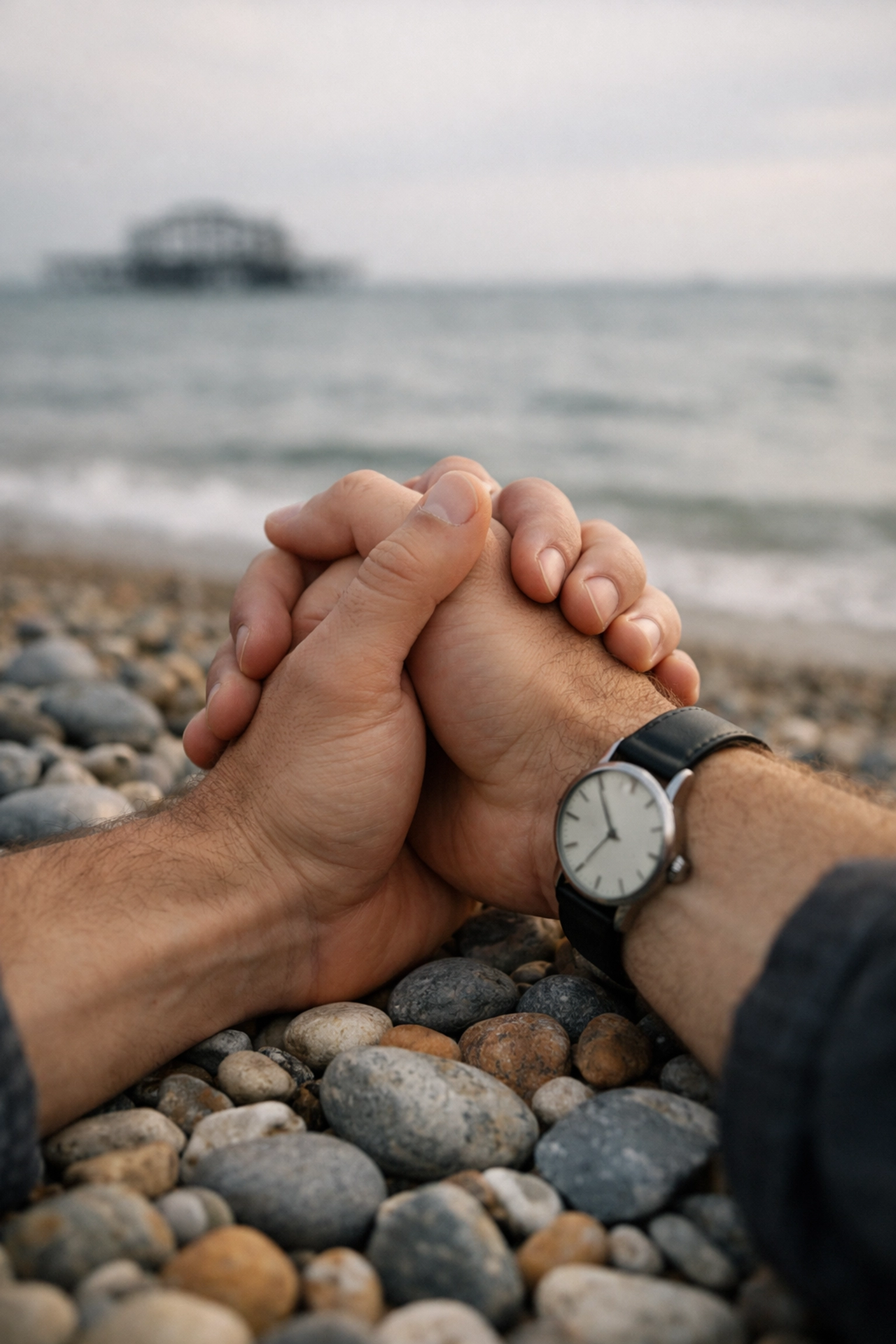 Male couple holding hands on Brighton pebble beach, LGBTQ+ romance at English seaside
