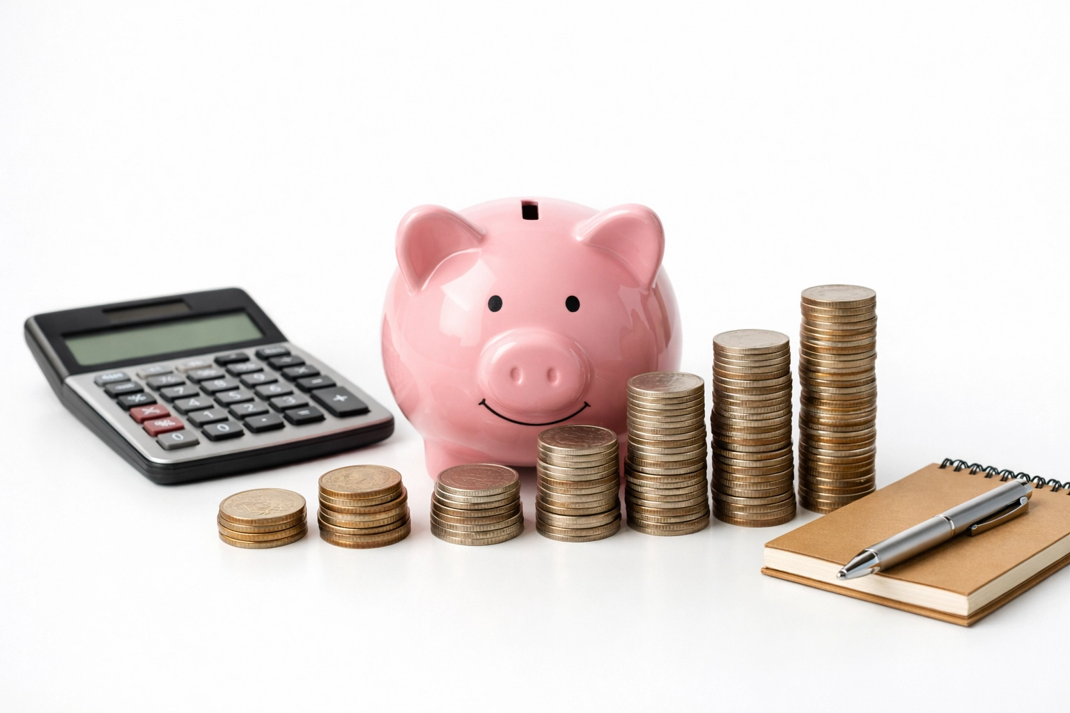 Piggy bank with stacked coins and calculator representing freelance tax savings and quarterly payments