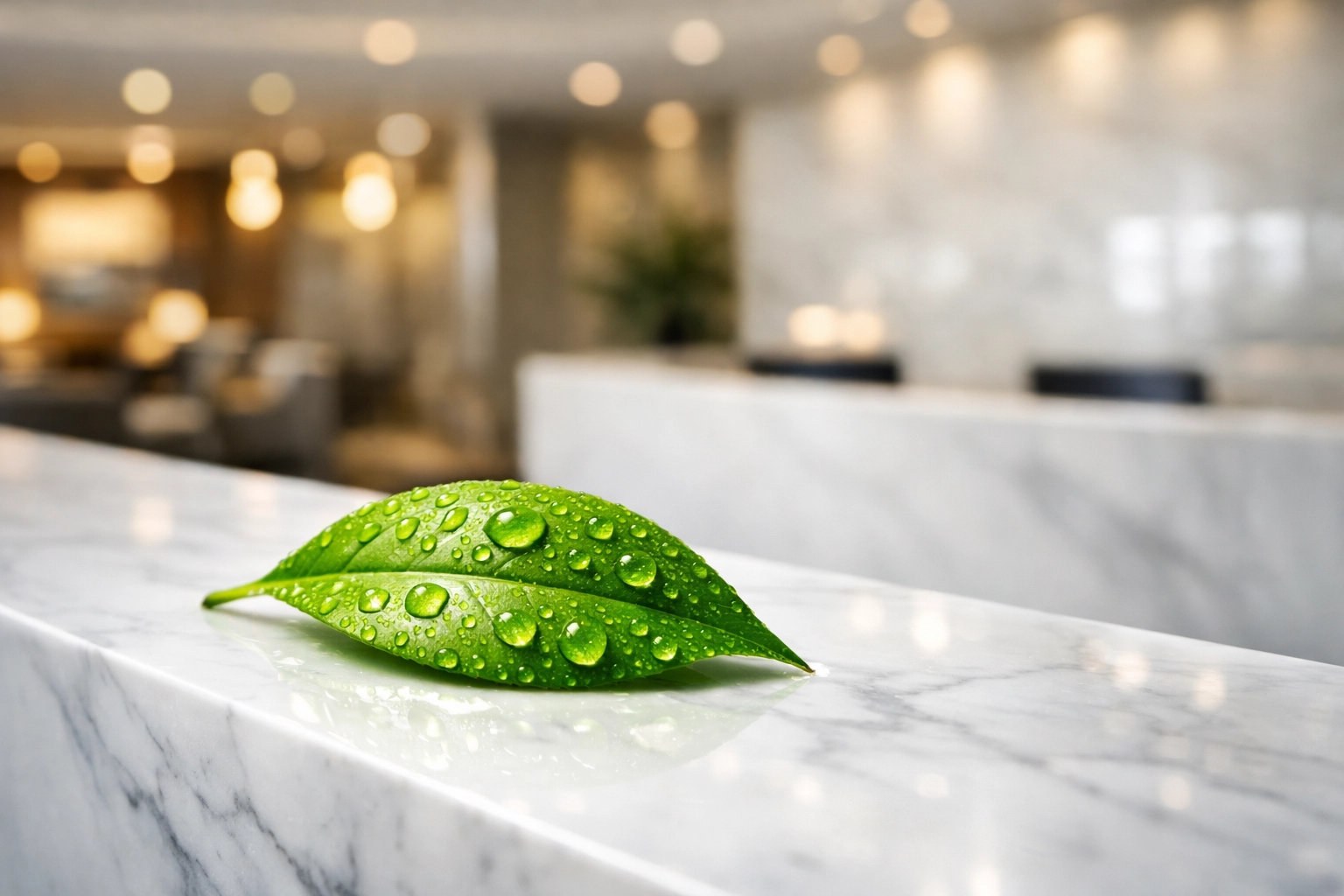Vibrant green leaf on a pristine marble reception desk symbolizing professional cleaning in Hillsborough County.