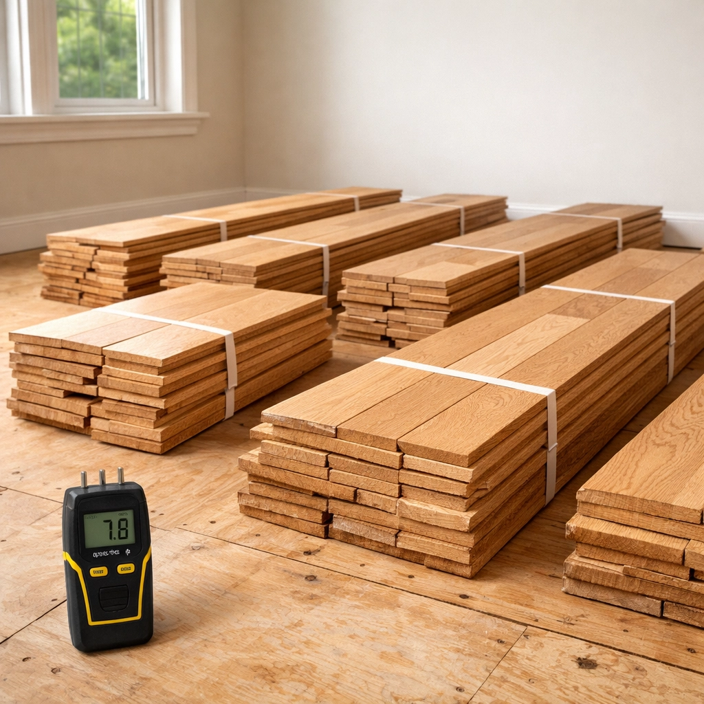 Hardwood flooring planks acclimating in Chicago home with moisture meter for proper installation